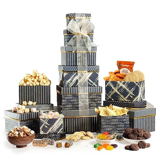 Broadway Basketeers Gourmet Food Gift Basket 6 Box Tower for Birthdays – Curated Snack Box, Sweet and Savory Treats for Parties, Best Wishes, Birthday Presents for Women, Men, Mom, Dad, Her, Him, Families