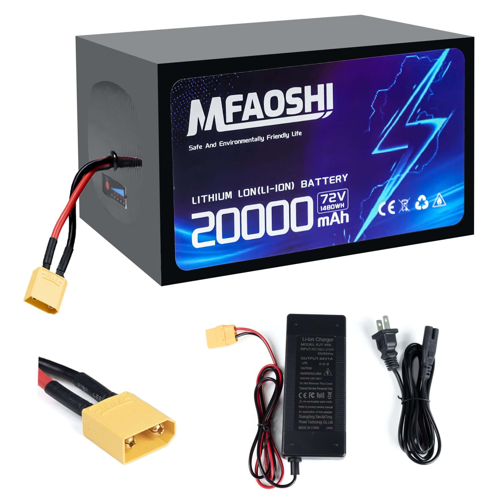 72V 20Ah Li-Ion Battery Pack with LED Power Indicator, 2A Charger, XT90 Connector for E-Bike Batteries for 0-5000W E-Bikes, Motorcycles, Scooters, Go-Karts, Waterproof PVC Black