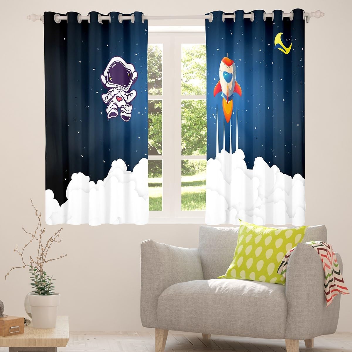 Kids Astronaut Rocket Window Curtains for Bedroom Living Room Cartoon Space Rocket Curtains Galaxy Cosmonaut Spaceman Window Drapes Boys Girls Teens Outer Space Window Treatments,42x84 Inches,2 Panels