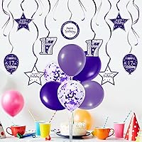 Vista 31 de Juego de decoraciones para fiesta de cumpleaños número 16, serpentinas moradas con soporte de globo de mesa morado, decoraciones de fiesta