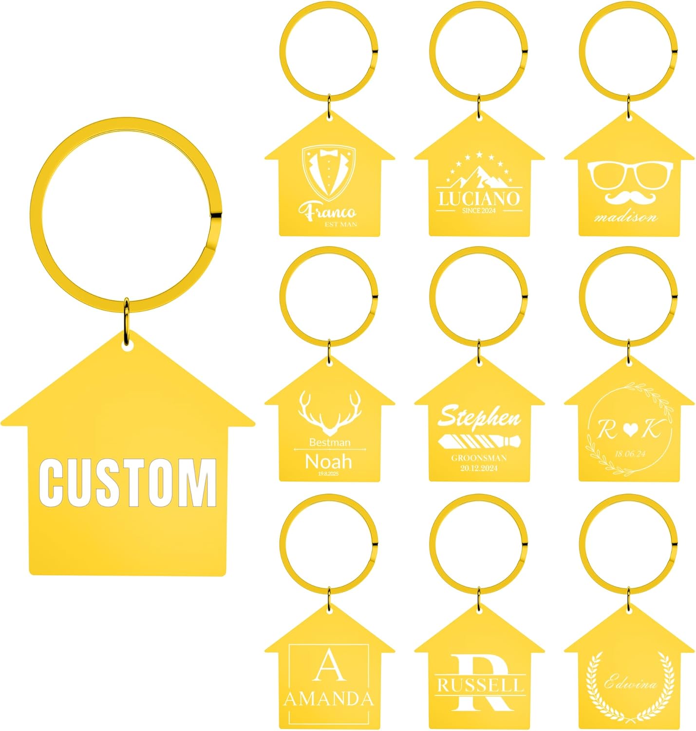 Custom Home Keychains, Pack 5-100 House Shaped Personalized Metal Keychains with Your Logo/Text
