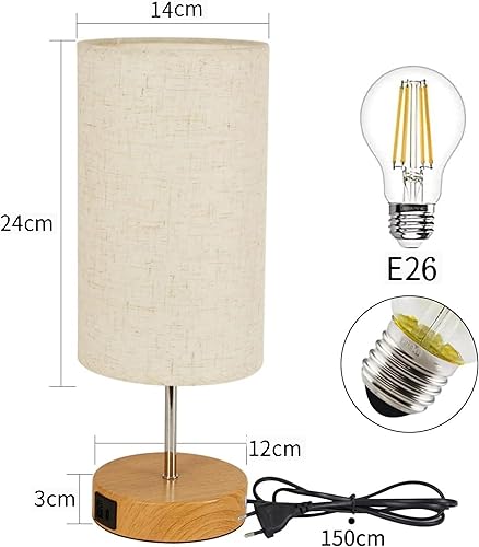 Miniatura 6 de Hurrah Lámpara de mesa al lado táctil  Lámpara de noche regulable de 3 vías, lámpara táctil de madera E26 con puerto USB y pantalla redonda de tela