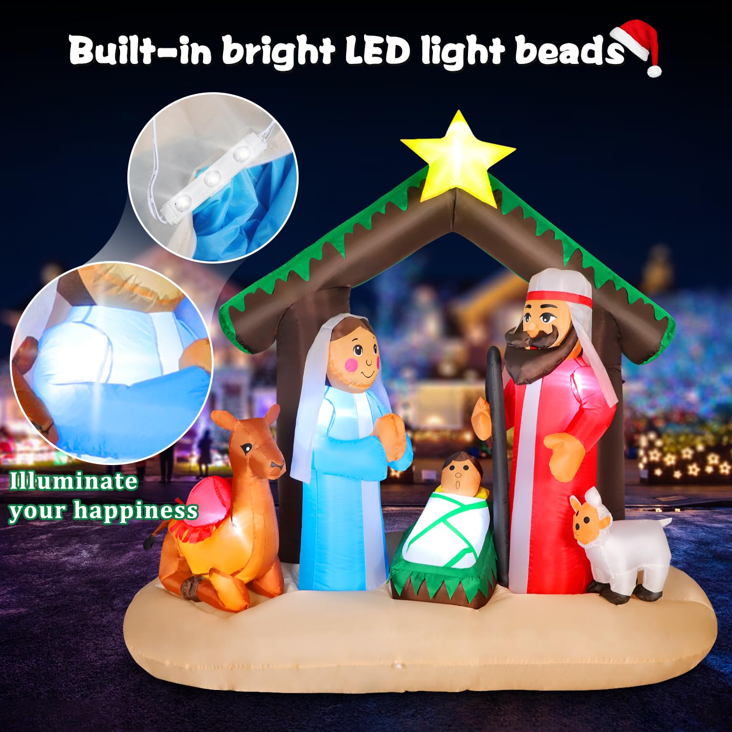 Decorazione natalizia gonfiabile alta 180 cm/6 piedi, presepe con tetto di paglia verde e 3 personaggi, luci LED integrate, decorazione natalizia religiosa per chiese/giardini, impermeabile IP44
