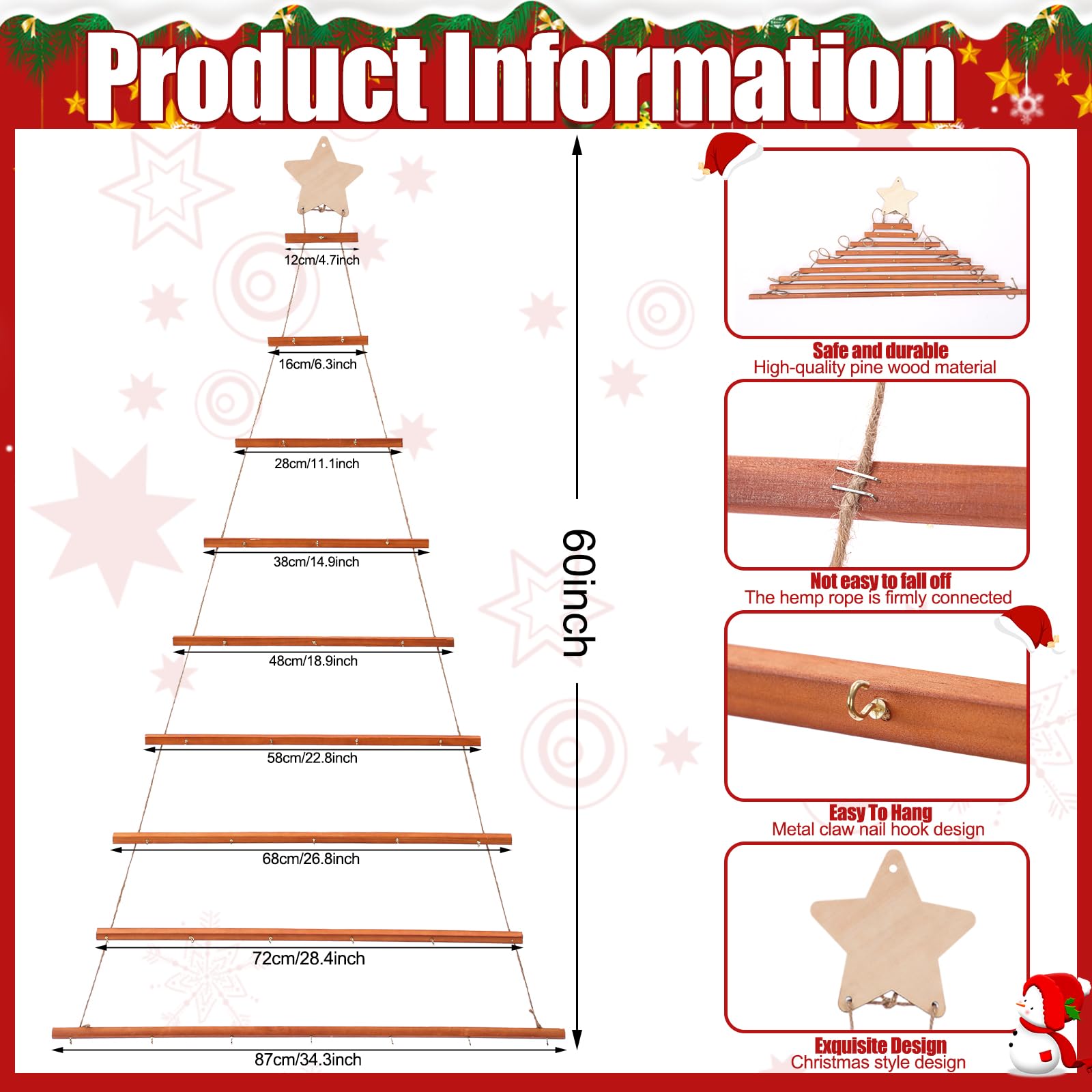 Hollowfly Sapins de Noël en bois à suspendre au mur de 152,4 cm, décoration de Noël avec guirlande de Noël de 6 m avec lumières LED et crochets en métal pour fête rustique