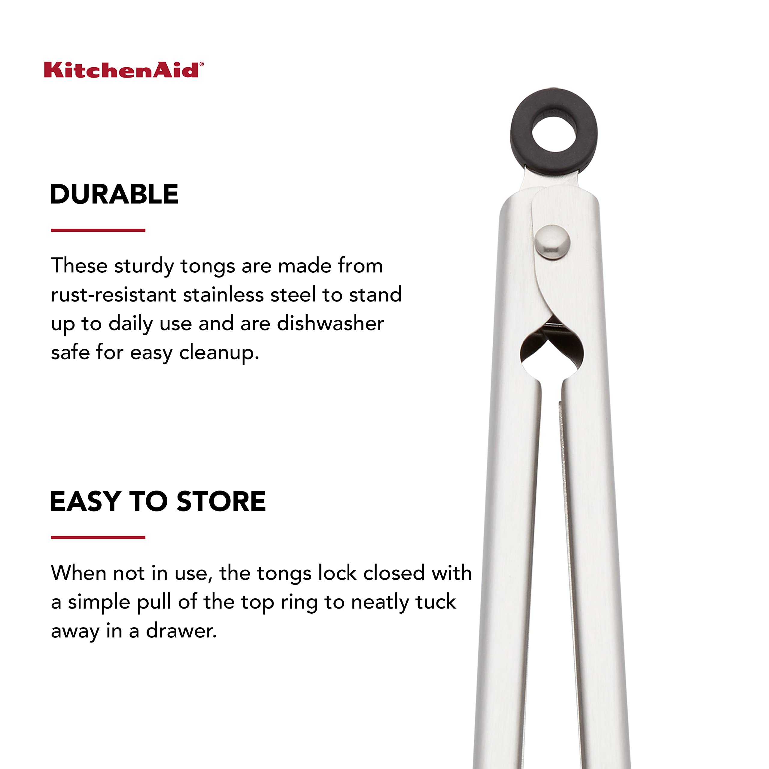 KitchenAid Gourmet Pince de service en acier inoxydable avec crochet de suspension et fermeture sécurisée, 22,9 cm