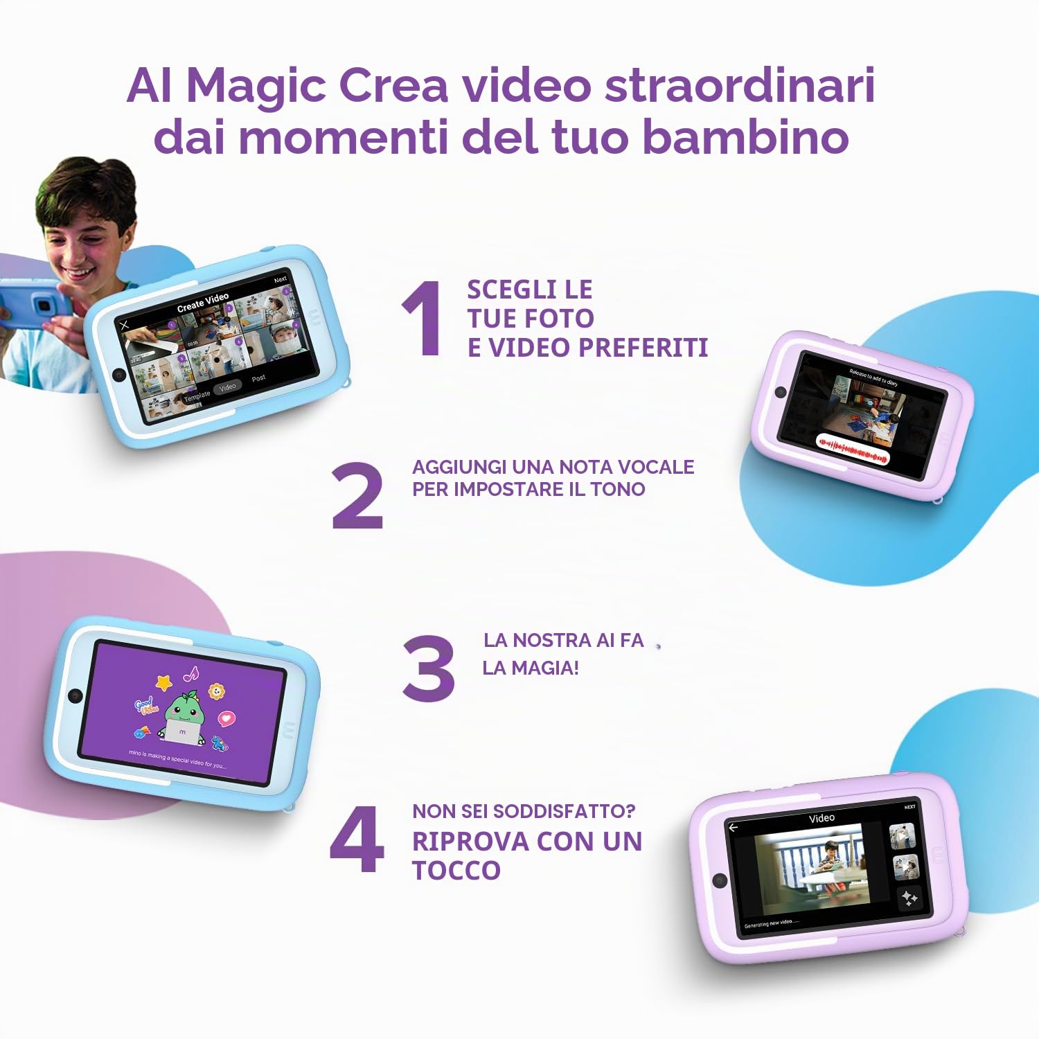 myFirst Camera 50, Fotocamera Digitale per Bambini con AI, Selfie Light Bar, Video & Foto Editing, WiFi, Diario Segreto, Controllo Genitori, Sicurezza e Privacy, Lilla