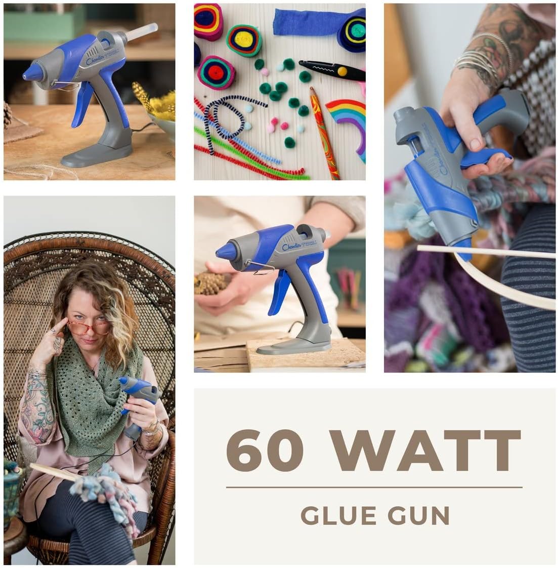 Hot Glue Gun by Chandler Tool - 60 Watt Full Size Heavy Duty High Temp Industrial Hot Melt Glue Gun Kit with 12 Pcs Glue Sticks, Patented Base Stand &, for Arts & Crafts & DIY (Blue)