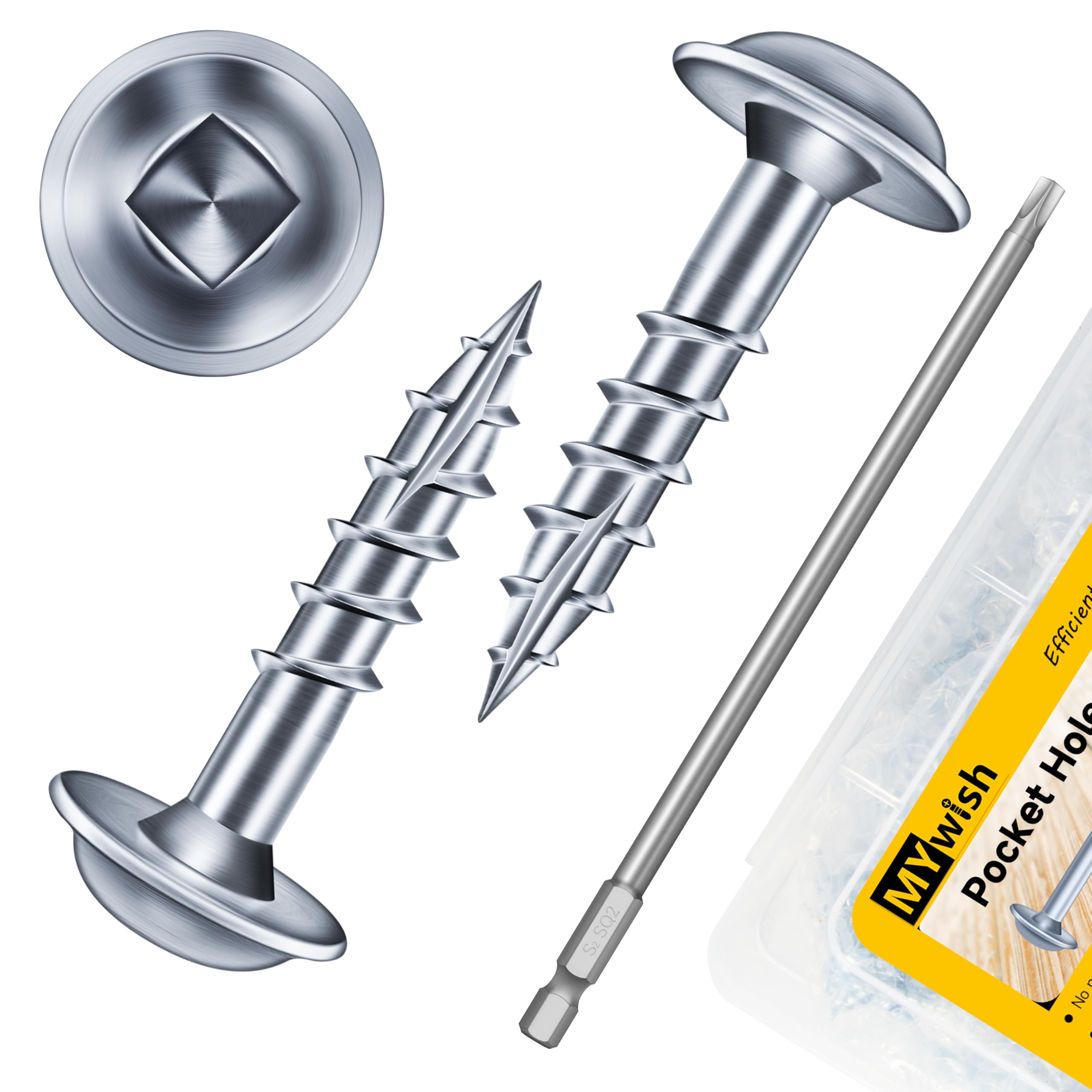 Mywish 100Pcs Pocket Hole Screws 1 Inch, Wood Screws #8 x 1 Washer Head Square Drive Self Tapping Pocket Screws, Zinc Plated, with 150MM Pocket Hole