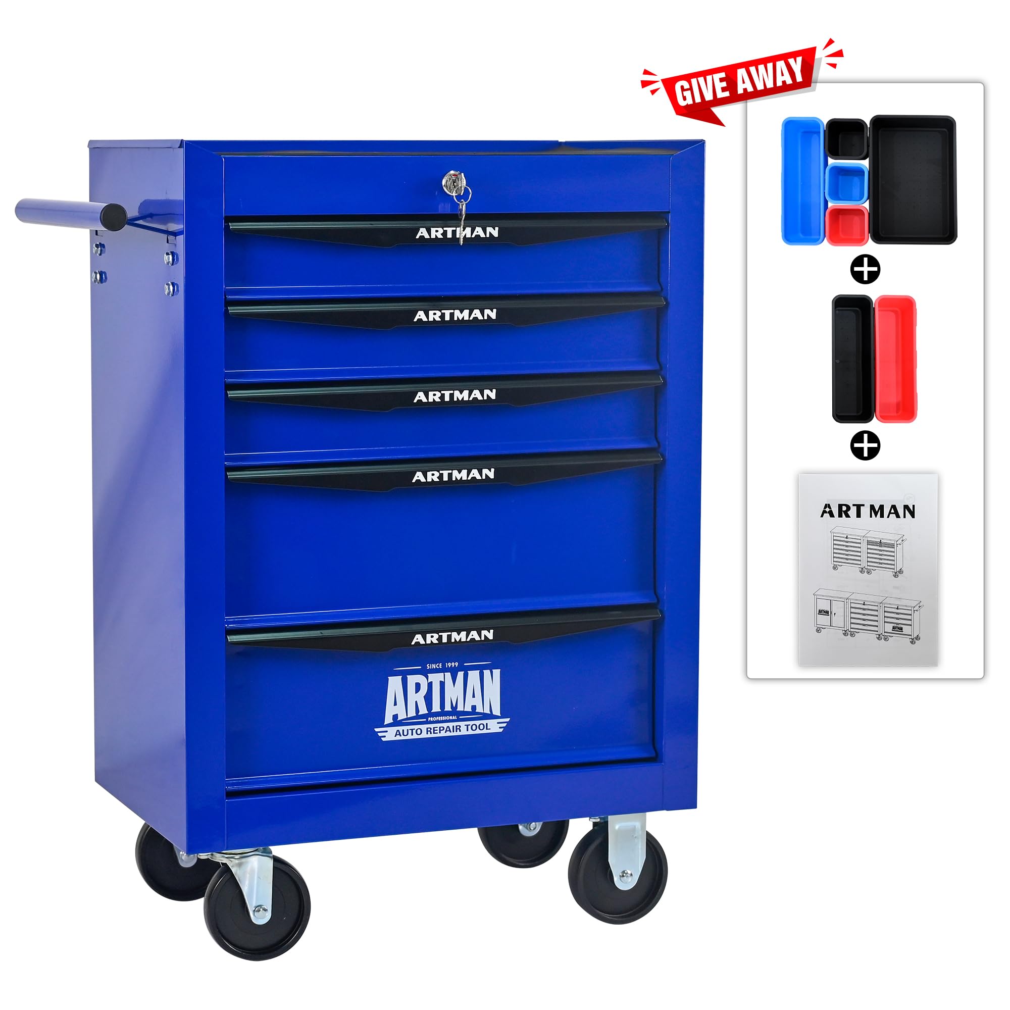 Generisch Robusto carrello portautensili con 5 cassetti con cuscinetti a sfera e 4 ruote girevoli, in acciaio, per garage e officina, colore nero/blu