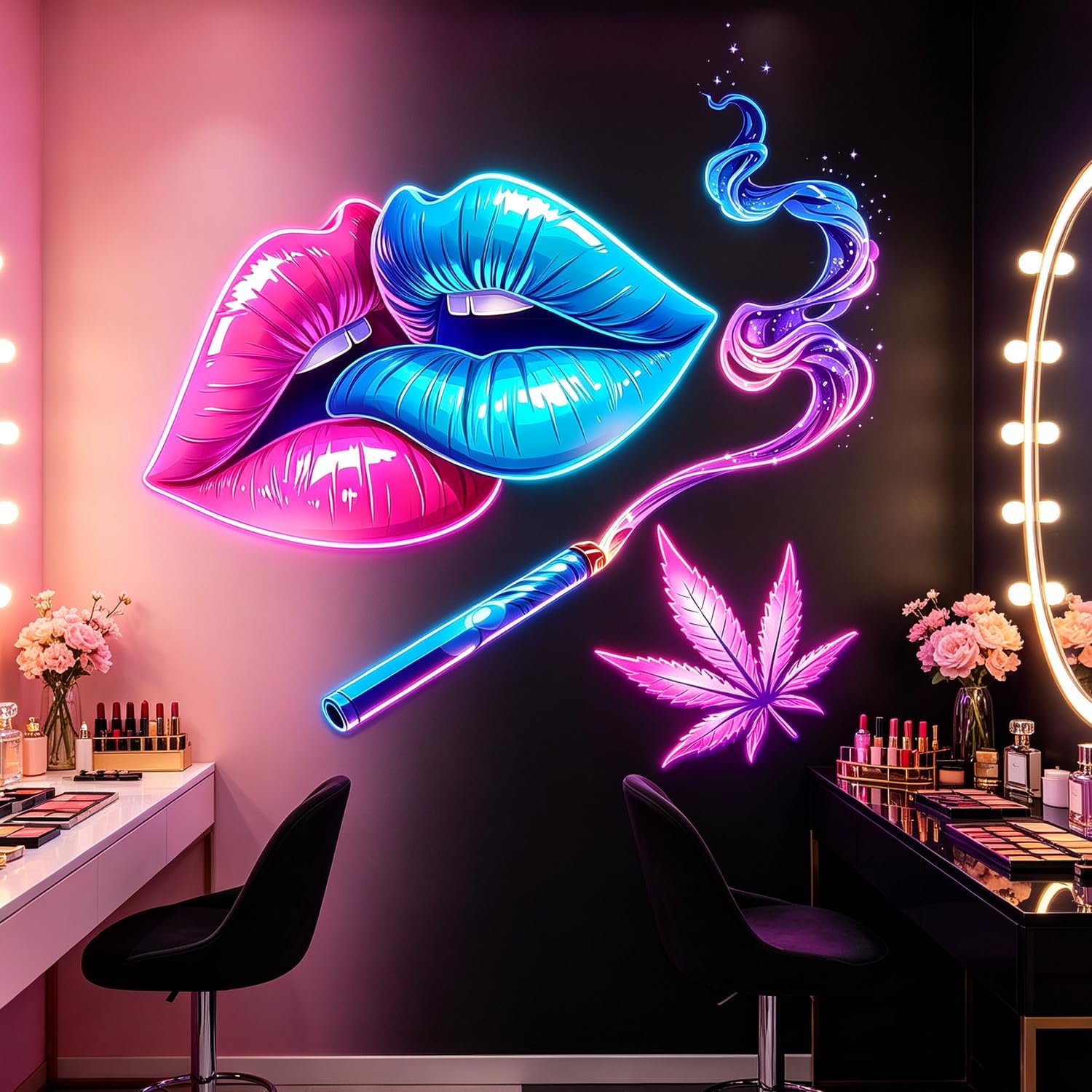 Neon Pink Blue Gradient Lips Swirl Galaxy Smoke Pop Art Wall Decals Decor | Removable peel & stick vinyl mural vibrant neon design renter-friendly no-residue wall sticker murals for bedroom dorm studio