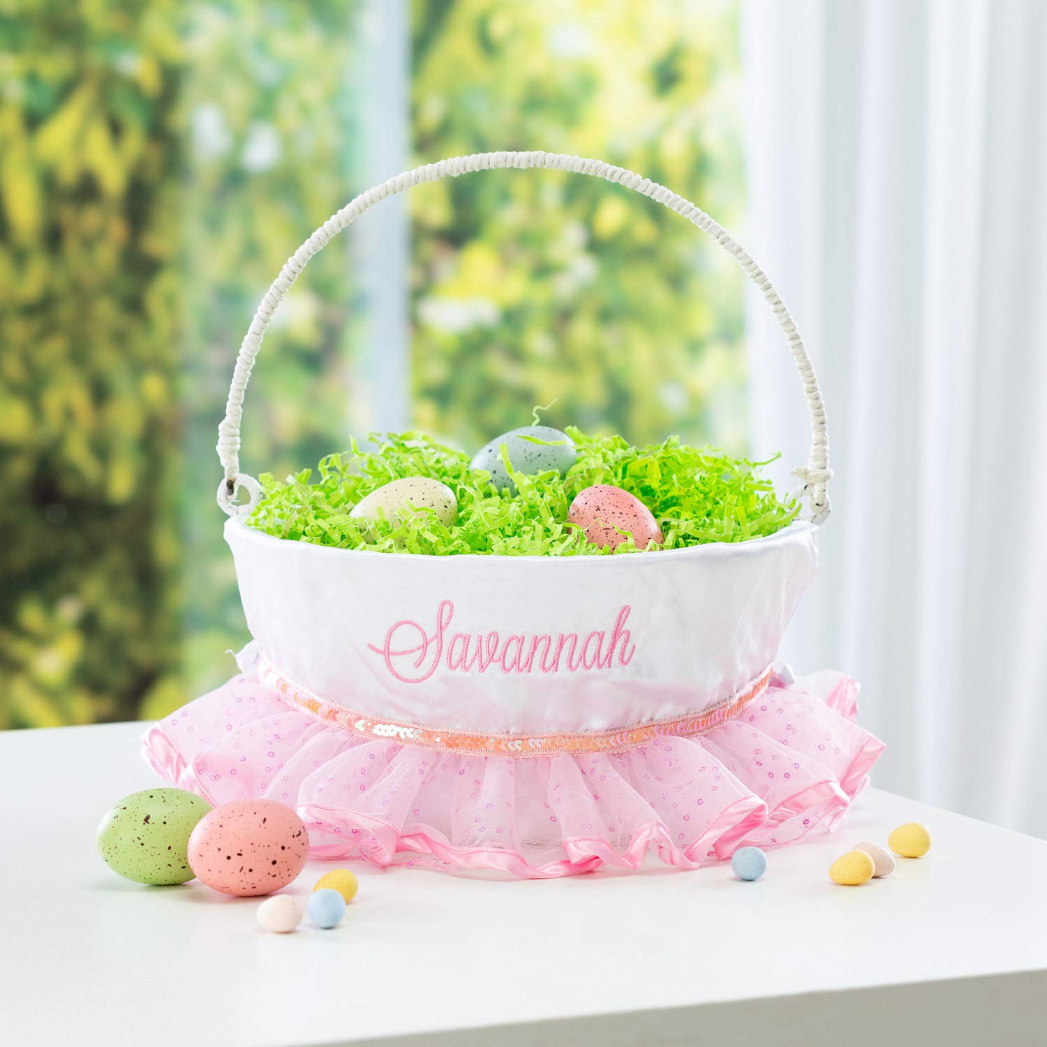 Personalized Easter Egg Basket with Handle and Custom Name | Pink Tutu Easter Basket Liners | White Basket | Woven Easter Baskets for Kids | Customized Easter Basket | Personalized Gifts for Easter
