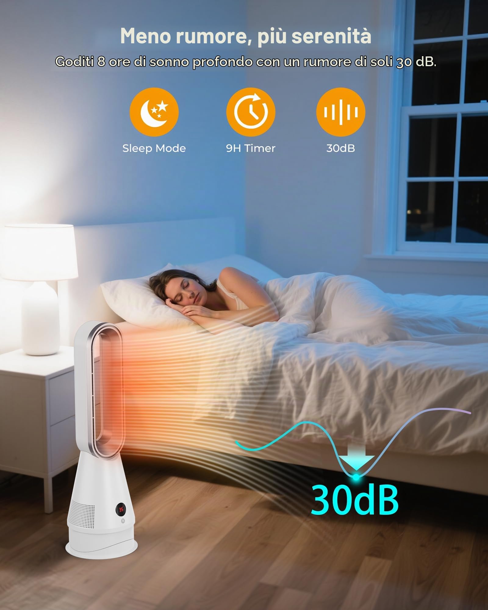 Termoventilatore a Torre 1600W Senza Pale - Telecomando, Silenzioso 30dB, Oscillazione 80°, Timer 9h, 3 Modalità Calore per Camera da Letto Soggiorno Ufficio
