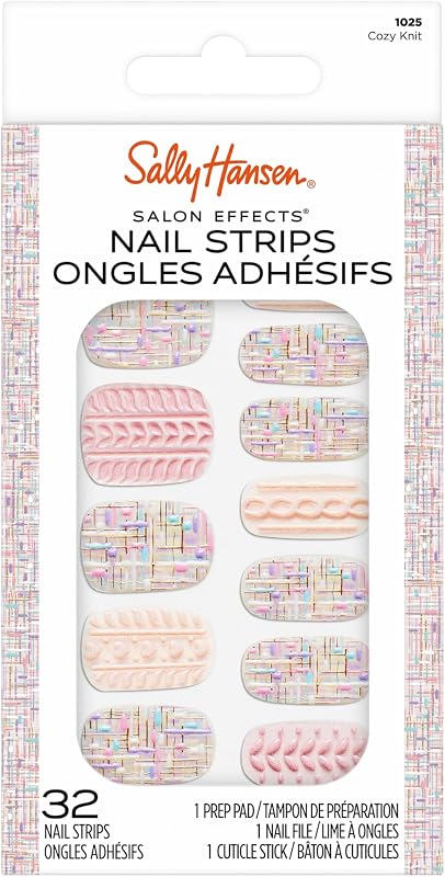 Salon Effects Nail Strips | No UV Light Needed, No Dry Time, Long-Lasting, Non-Damaging | 32 Nail Strips, 1 Cuticle Stick, Nail File, Prep Pad | Cozy Knit