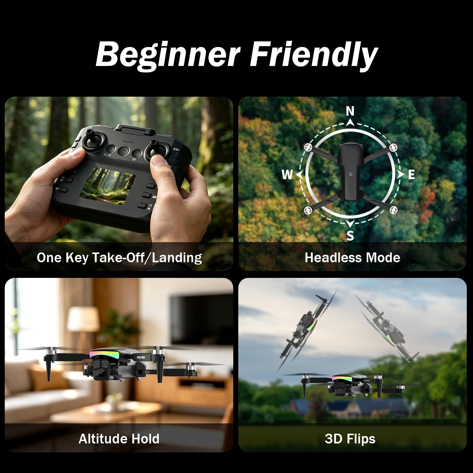 F417PRO FPV Drohne mit Kamera für Erwachsene Kinder Anfänger, LCD Bildschirm Fernbedienung, 1080P Mini Drohne mit bürstenlosem Motor, 3D-Flip, Type-C, unter 249g, Geschenke für Jungen und Mädchen