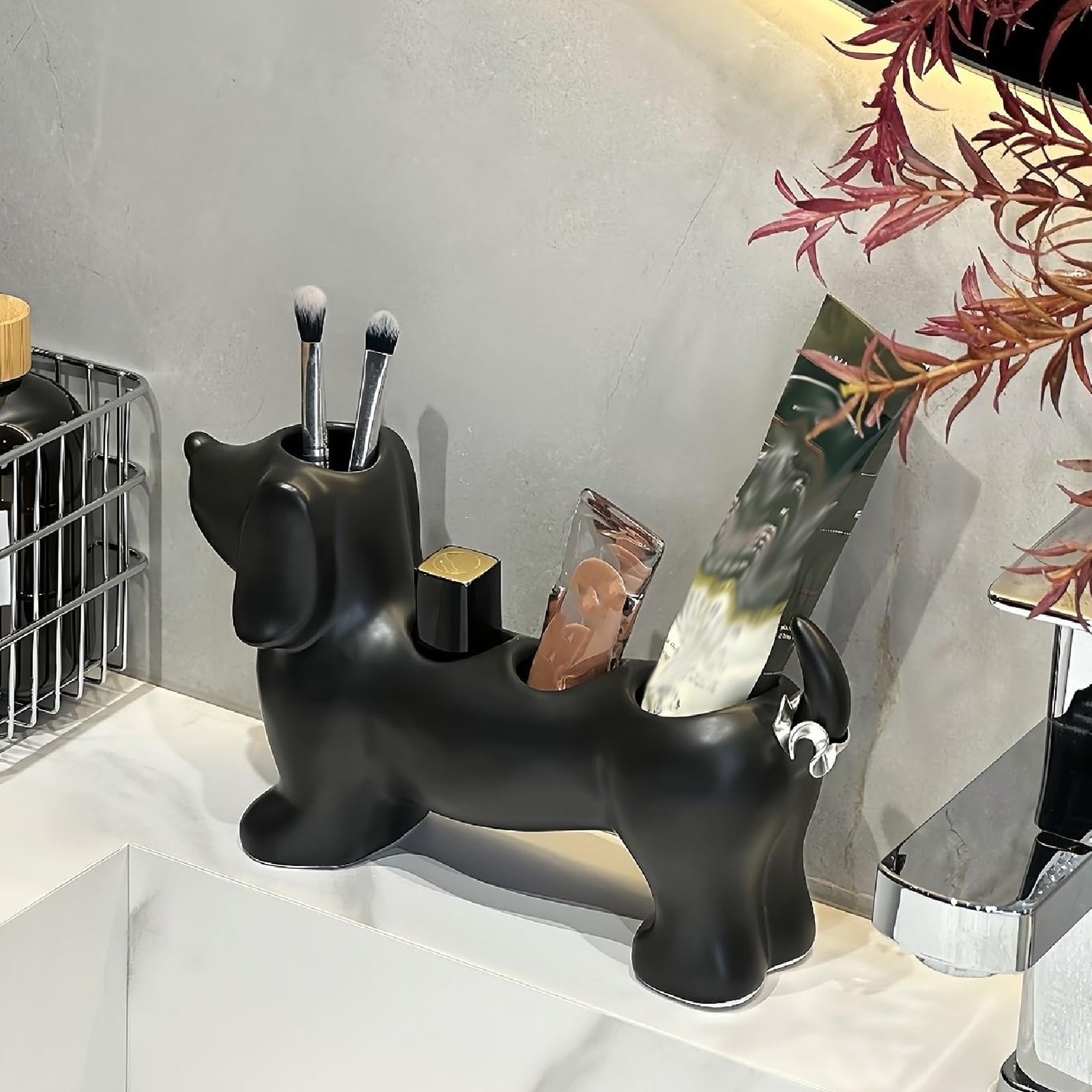 Portaspazzolino creativo a forma di bassotto, simpatici portaspazzolino a forma di bassotto, accessori in ceramica for il piano del bagno, decorazione personalizzata, for il bagno(Brown