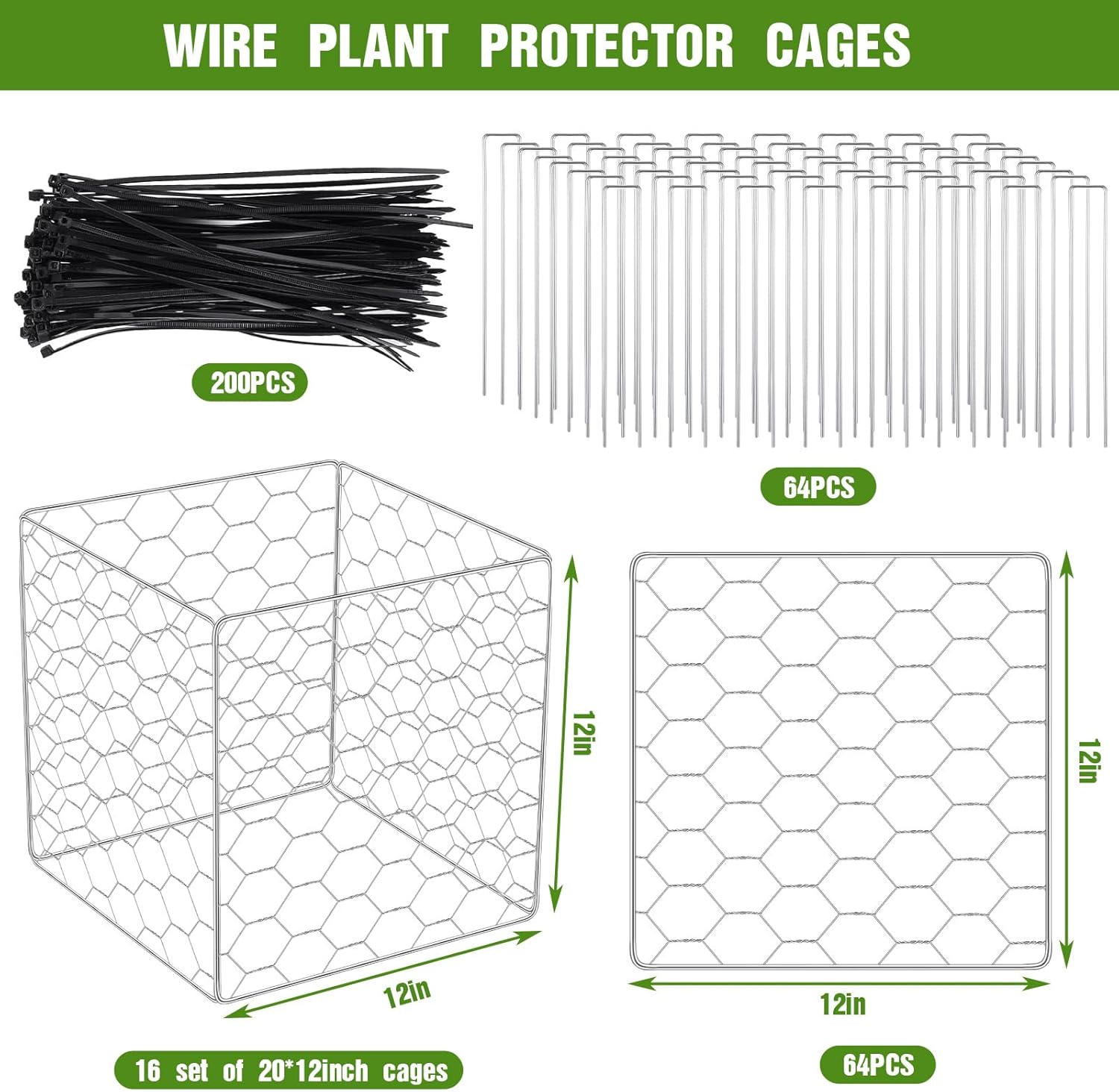 16 Set Wire Plant Protectors Square Wire Plant Cages Chicken Wire Cloche Mesh Plant Cage with 64 Ground Stakes and 200 Nylon Ties Protect Plants, Garden, Vegetables from Animals(12 x 12)