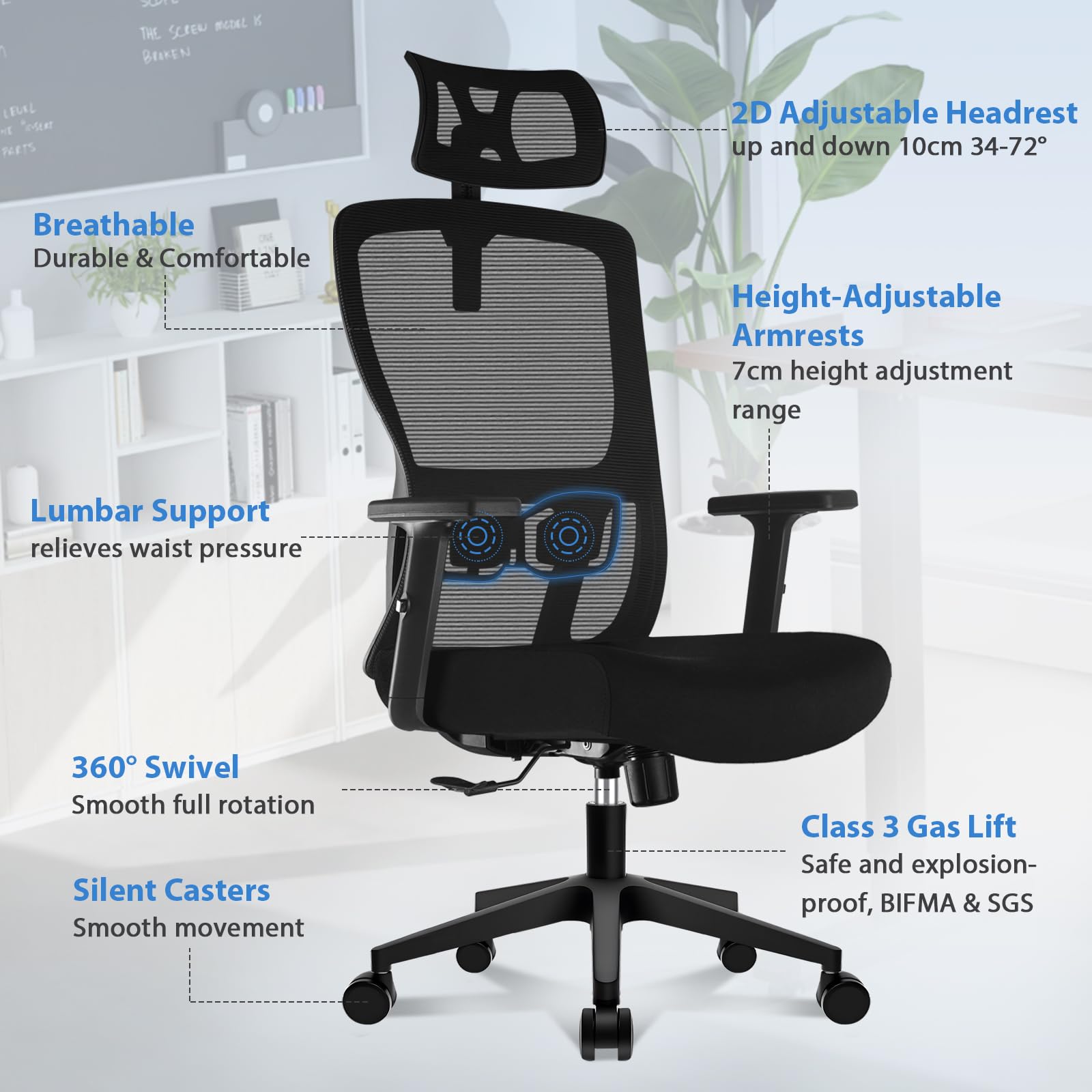 Durrafy Sedia Ufficio Ergonomica, Sedia da Ufficio con Poggiatesta Regolabile, Bracciolo, Supporto Lombare, Regolazione in Altezza, Scrivania e Sedie Girevoli supporto Oscillazione a 90°-120°, Nero
