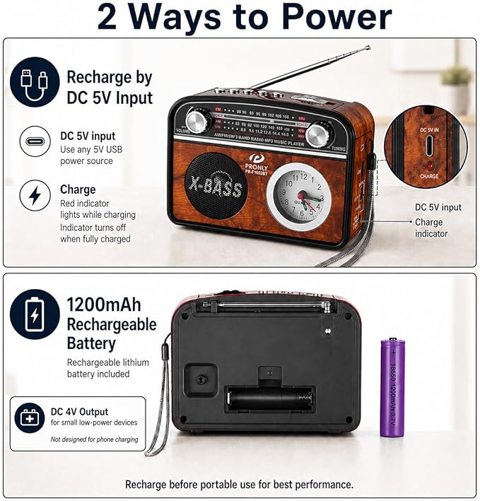 Radio portátil AM/FM con Bluetooth estilo vintage miniatura 5