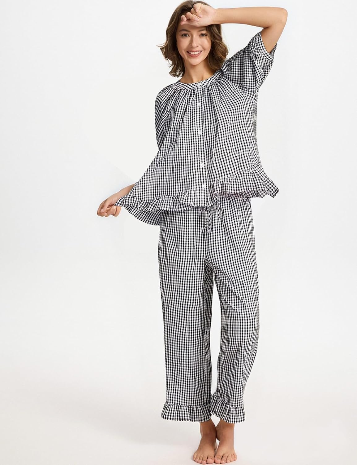 Gihuo Gingham Pajama Set for Women 2 Piece Plaid Cotton Button Down Top and Pants Ruffle Babydoll Pjs Lounge Sets - Image 2