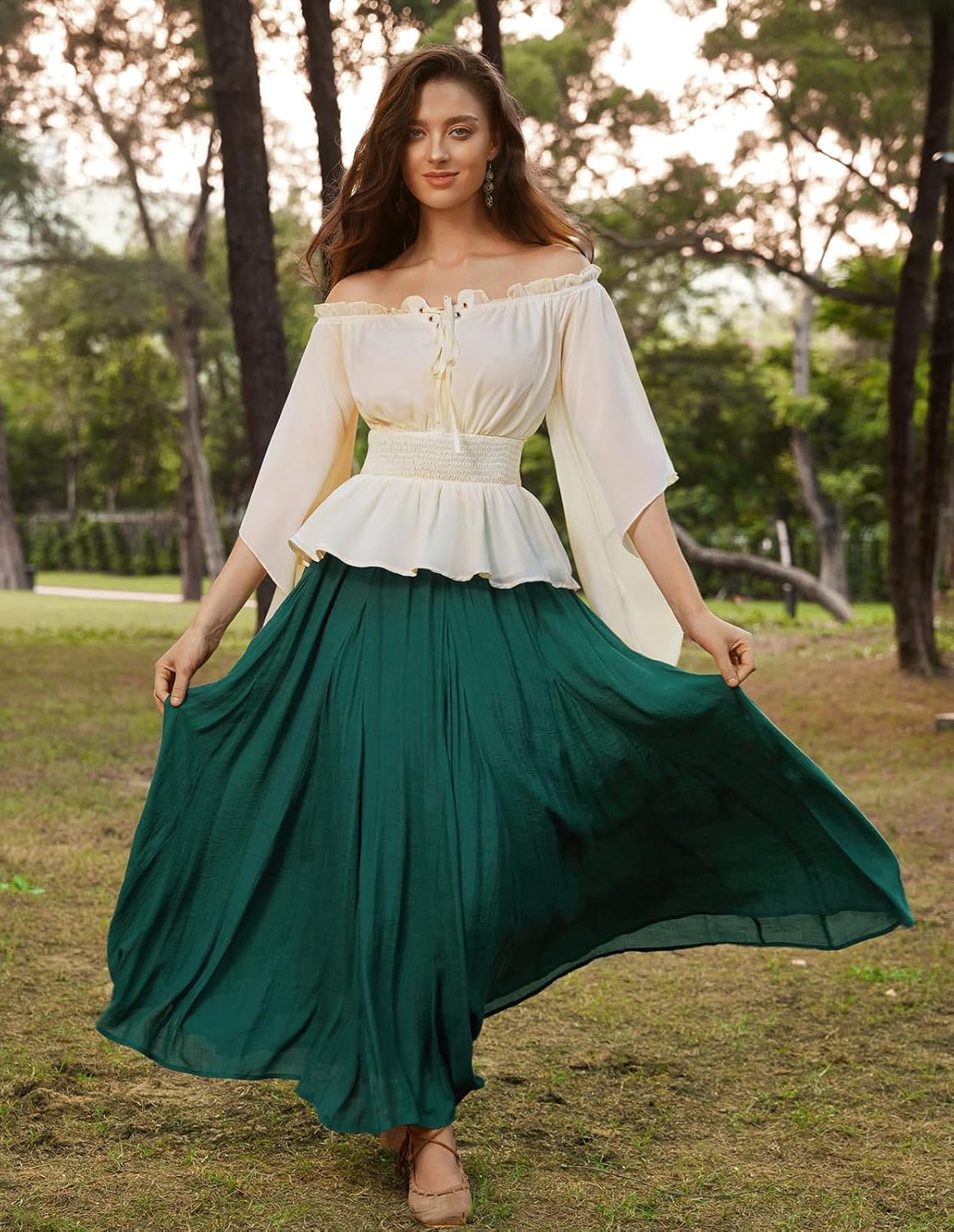 Scarlet Darkness Women Renaissance Shirt Off Shoulder Bell Sleeve Smocked Waist Tops Blouse - Image 3