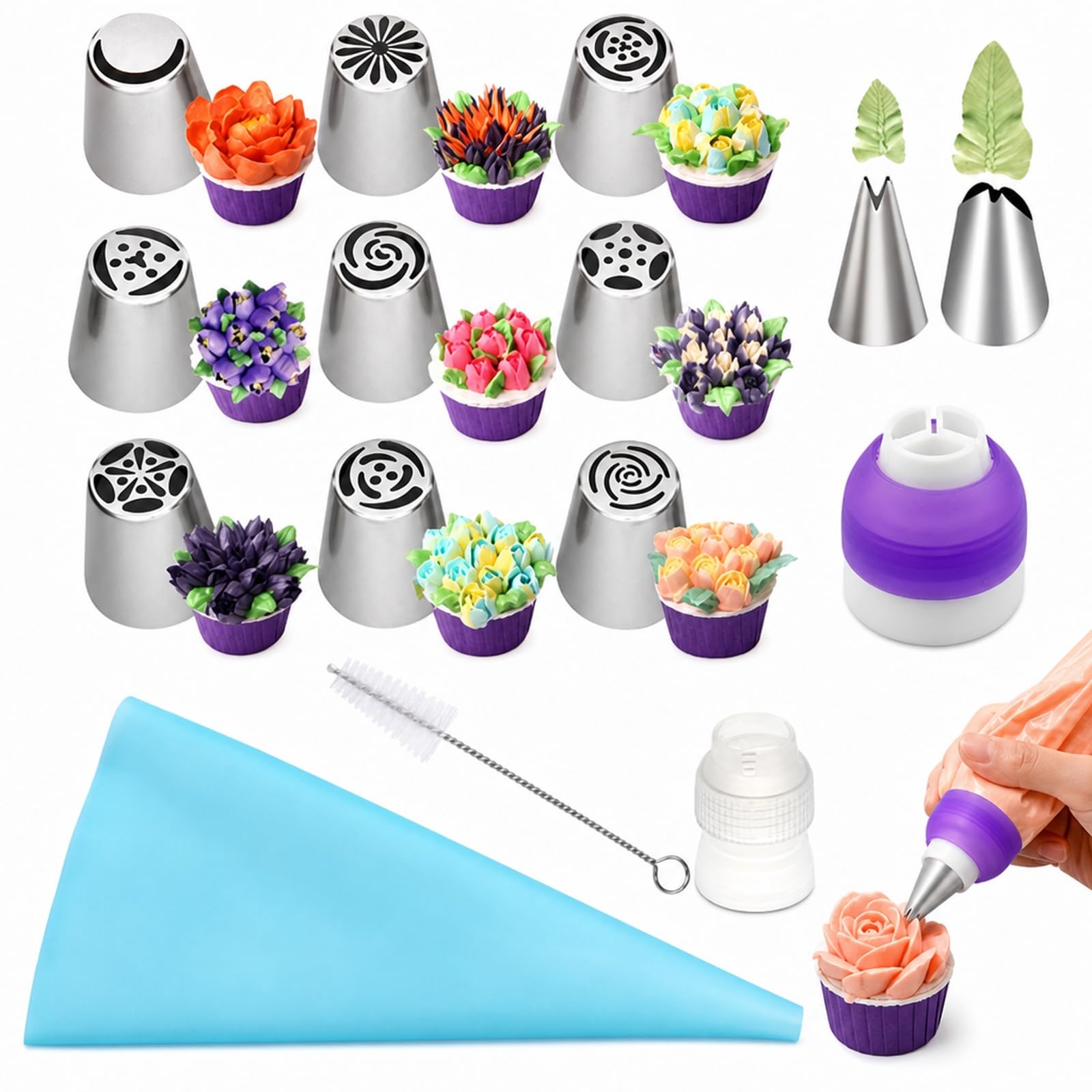 15 PCS Russian Piping Nozzles,Piece Flower Decorating Set.Fifteen-Piece Decorating Set with Eleven Shaping Tips, Two Couplers, A Piping Bag and Cleaning Brush