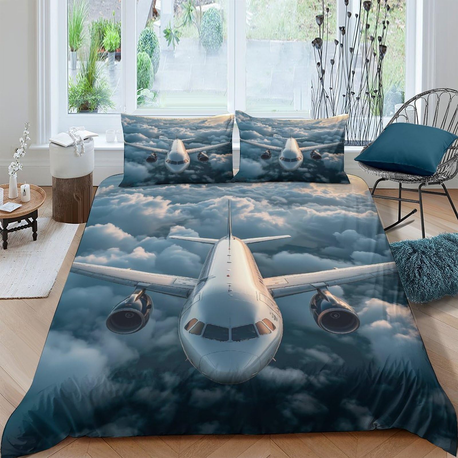 Ctjqhvkz Style-10 3D Printed Airplane In Clouds Fitted Sheet Microfiber Soft Bed Cover For Bedroom Dorm Mattress Decor Gift Single（135X200cm）