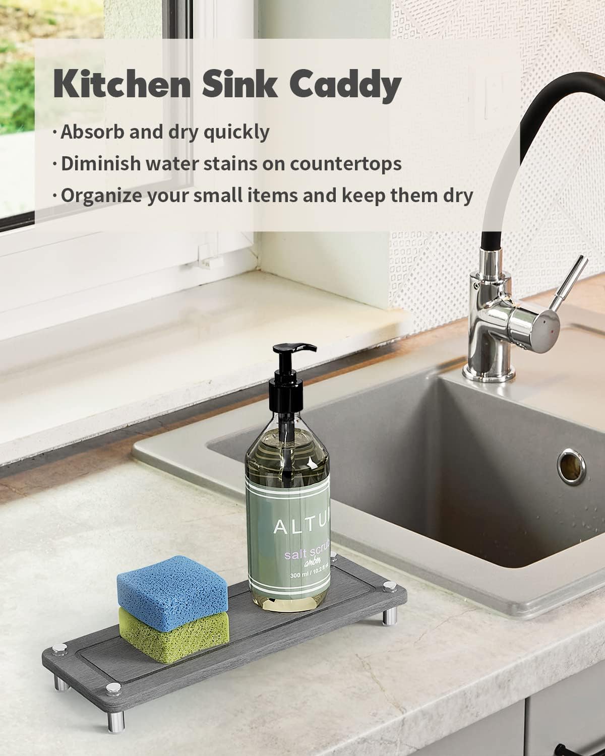 Razborci Diatomite Sink Caddy - Water Absorbing Stone Tray For Soap & Sponge (Beige, 10"x4")