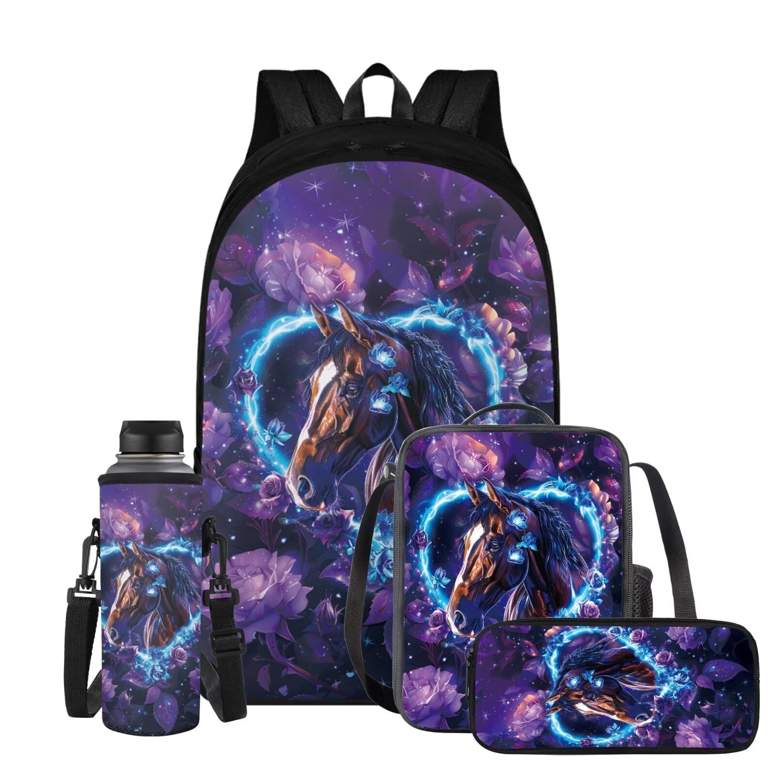 ELEDIZI Aesthetic Horse Backpack for Girls Kids Backpack with Lunch Box Water Bottle Holder and Soft Pencil Case 4Pcs Set Bookbag with Compartments