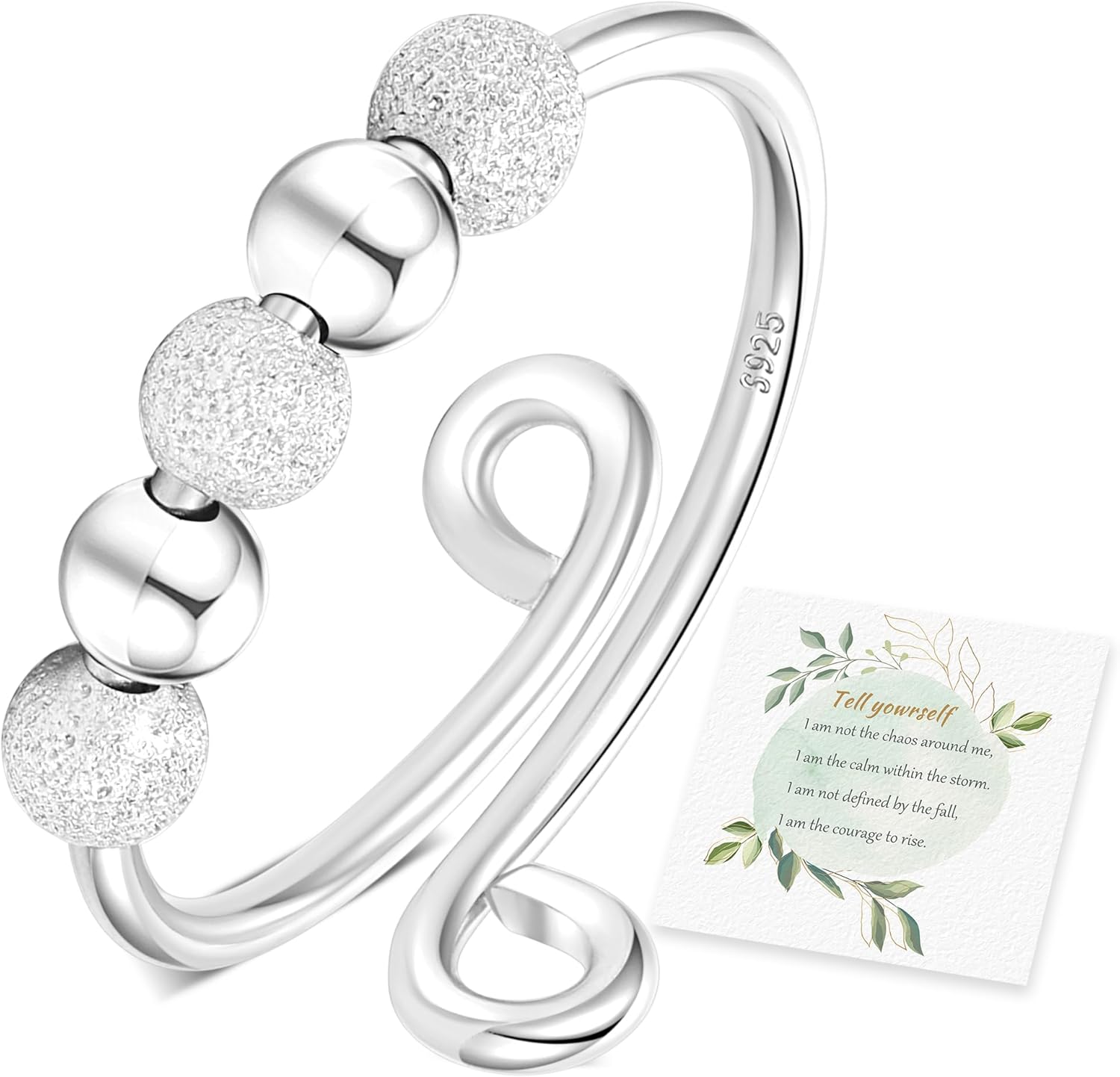 Senteria Anxiety Rings for Women Sterling Silver Rings Adjustable Stress Spinner Rings with Beads Fidget Rings for Anxiety Women