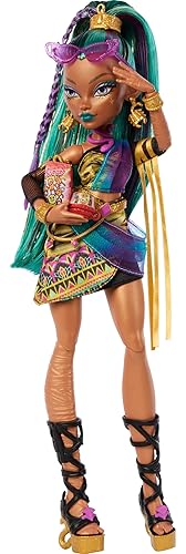 Monster High Nefera De Nile Doll, Royal Mummy in Dress with Pet Scarab Lavish and 7 Accessories Like Purse, Laptop, Sunglasses, Drink and Snacks - Multicolor