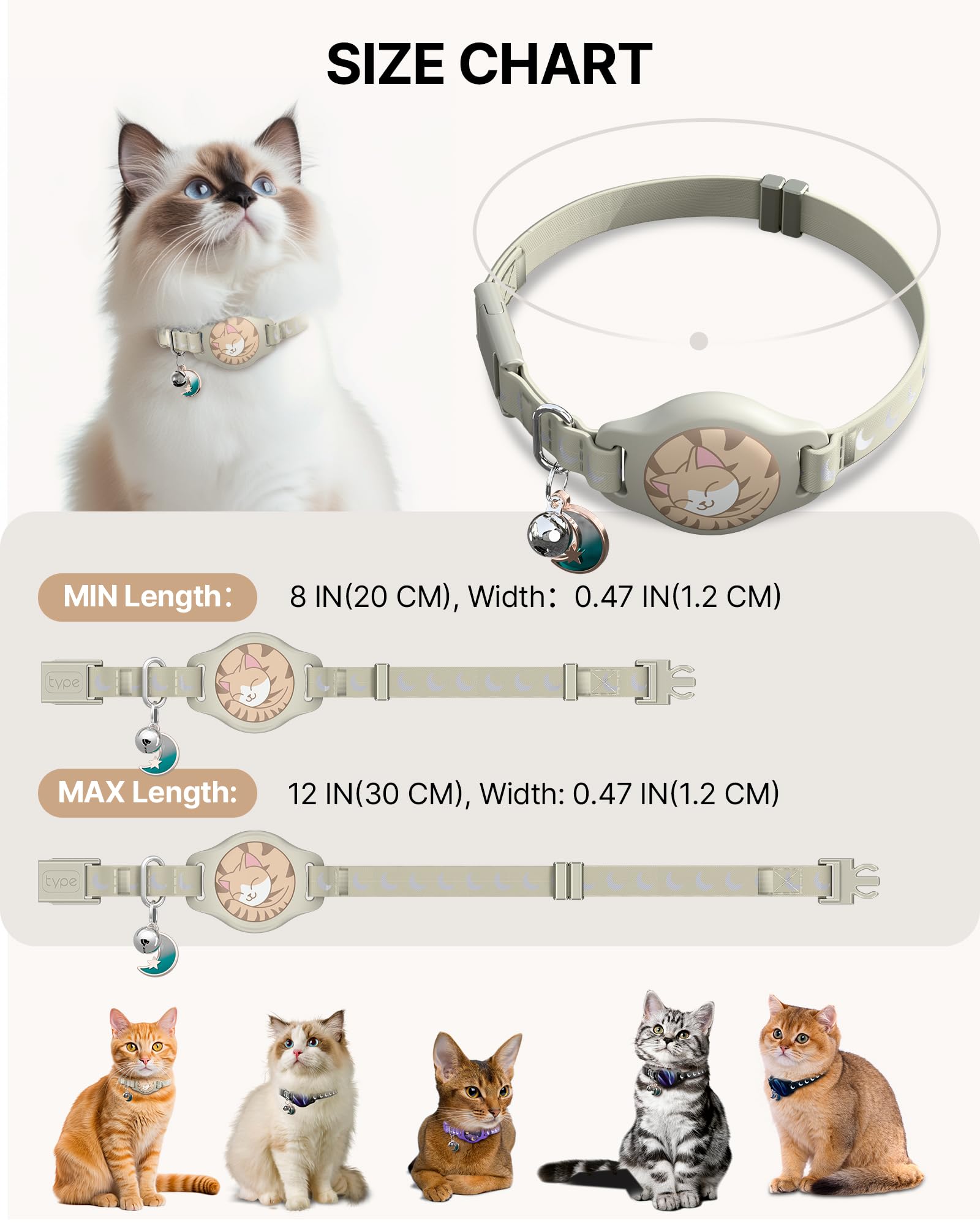 Collar de gato con soporte para Airtag, collar de gato Breakaway Airtag para Apple Air Tag con patrón luminoso y reflectante, collares GPS impermeables para niños y niñas, gatos con campana, caqui