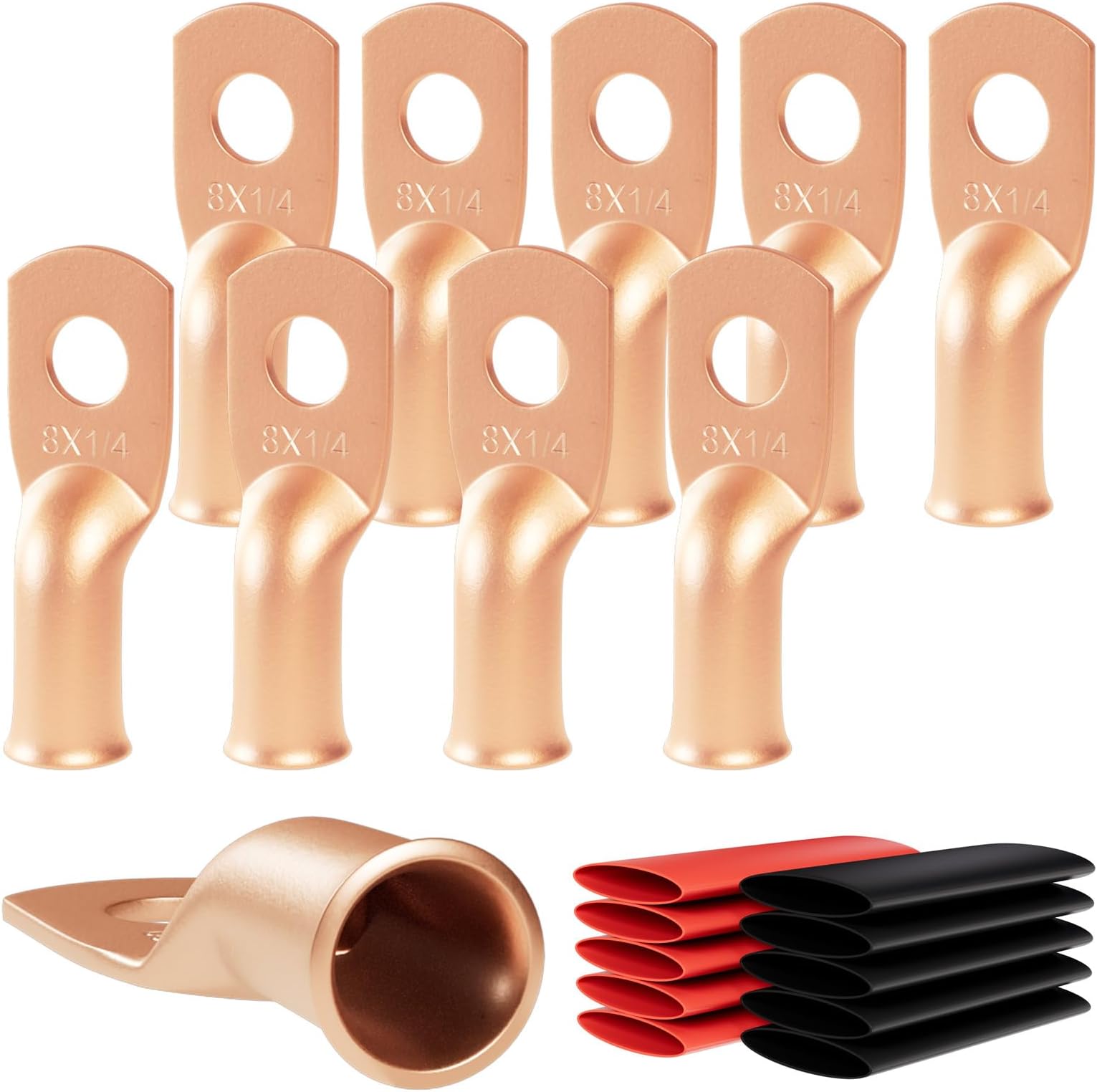 10pcs 8 Awg - 1/4" (M6) Sanuke Wire Lugs Ring Terminal Connectors Ends Heavy Duty for Battery Cable Lug tinned Copper Tubular Wire Electrical Eyelets with 3:1 Dual Wall Adhesive Heat Shrink