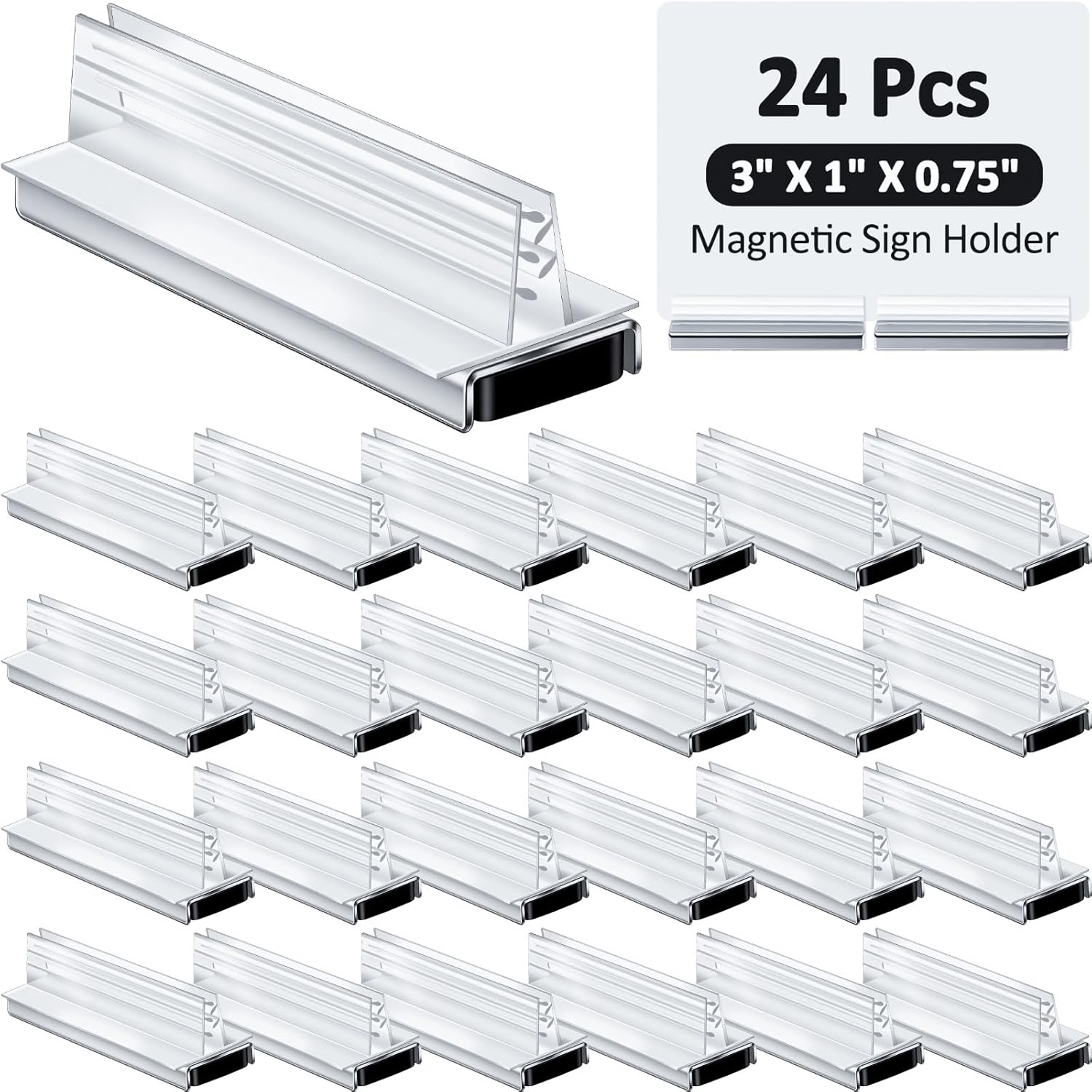 Thyle 24 Pack Magnetic Sign Holder Grip Holder, Powerful Magnet, 3" Length, 1" Width, 0.75" Total Height for Retail Wall Display Store Vendor Event Warehouse and Shop Supplies, Clear