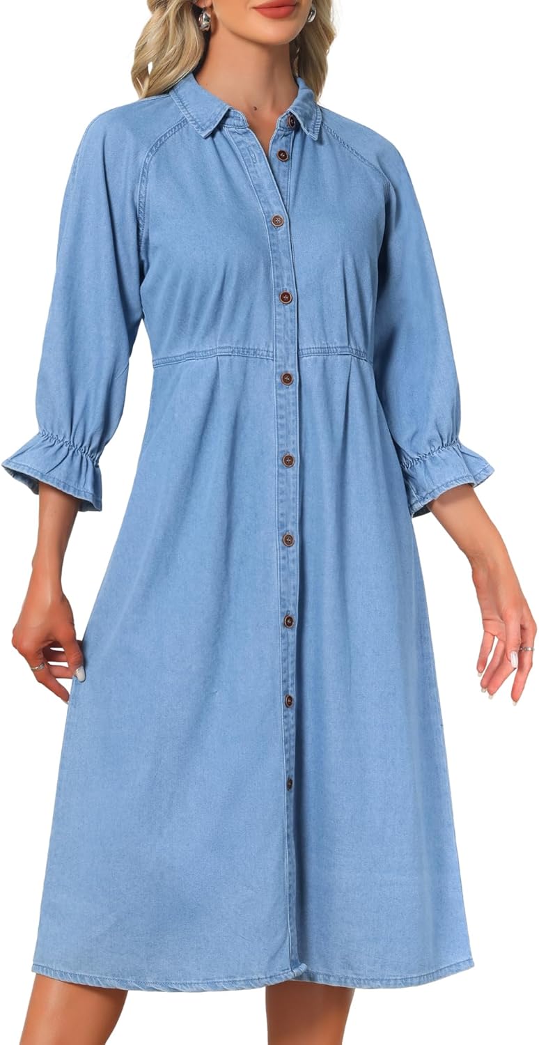 Women Denim Dresses Midi 2025 Casual Ruffle 3/4 Sleeve Jean Button Down Shirt Dress