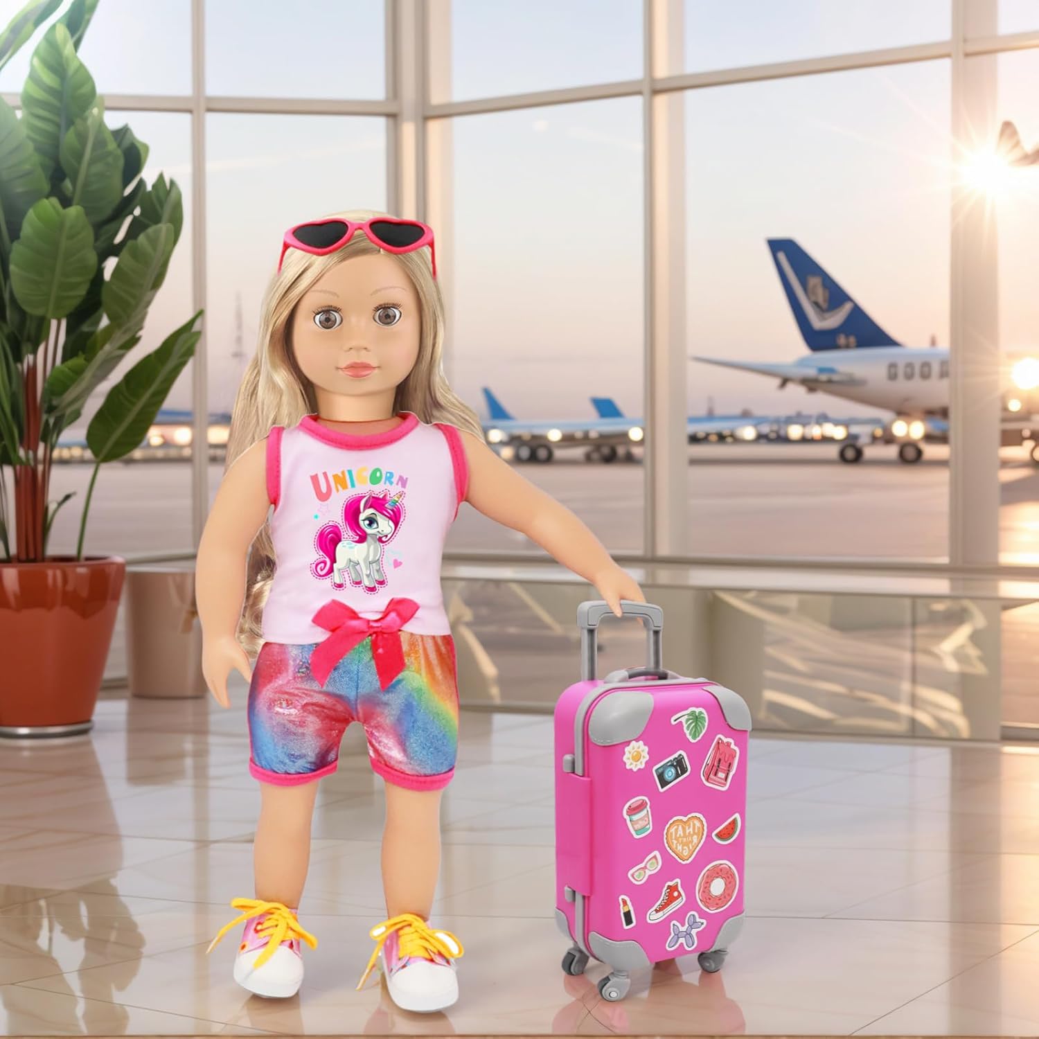 18inch American Doll Clothes and Accessories, Including Travel Suitcase, Clothes, Shoes, Sunglasses, Camera, Passport, Stickers,Phone Travel Gear Play Sets