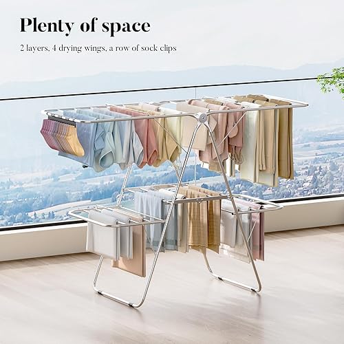 Miniatura 8 de APEXCHASER Tendedero de secado de ropa con 4 alas, estante de secado de acero inoxidable con clips para calcetines, conectores metálicos, altura