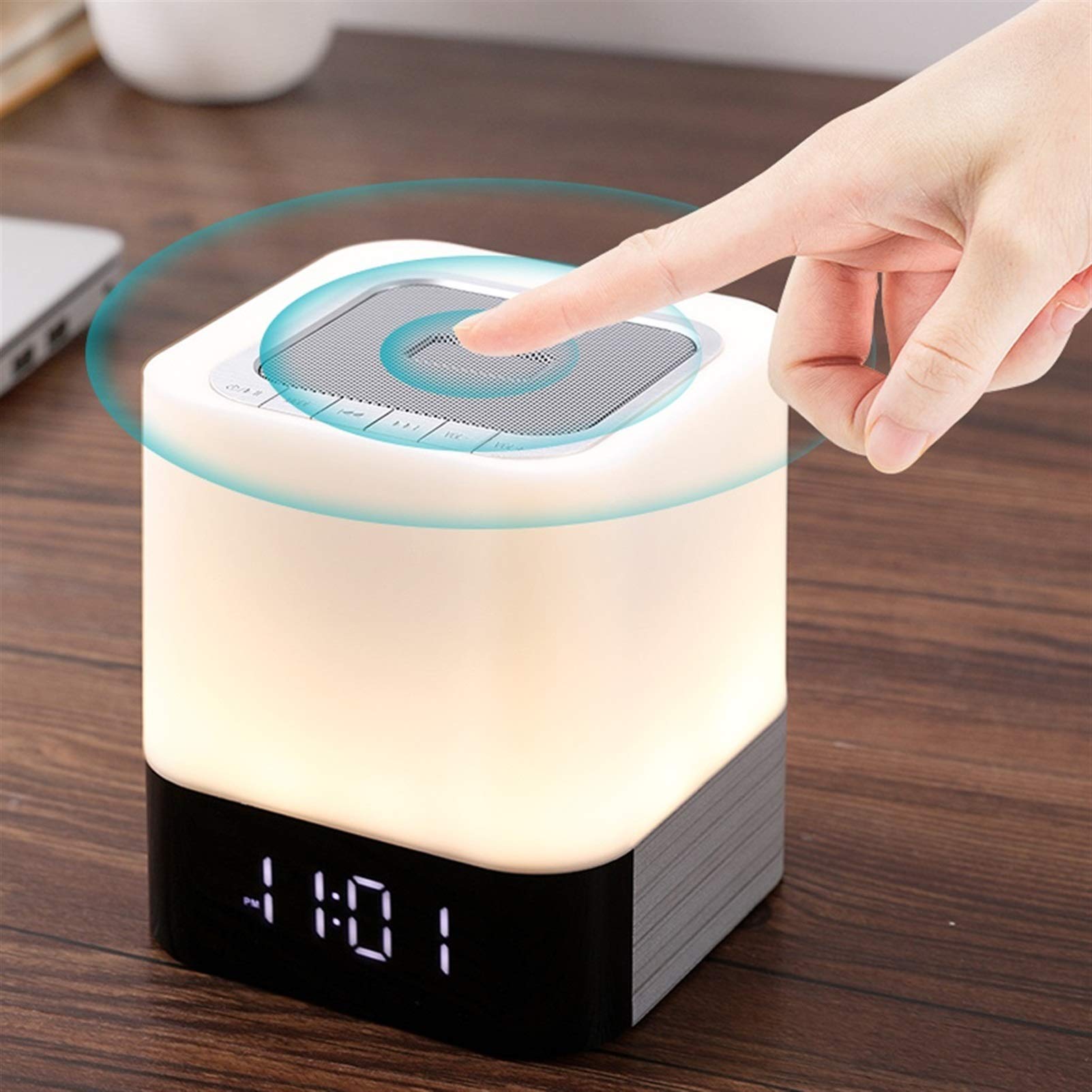 Lámpara Mesilla/Lámpara Escritorio Lámpara de noche de luz nocturna con altavoz Bluetooth Control táctil Calendario digital Reloj despertador, soporte TF y tarjeta SD, mejor para dormitorios niños Lám