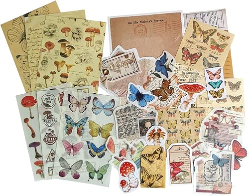 Adhesivo vintage decorativo para álbumes de recortes material de papel engomada set de mariposas de hongos DIY etiquetas pegatinas para arte arte