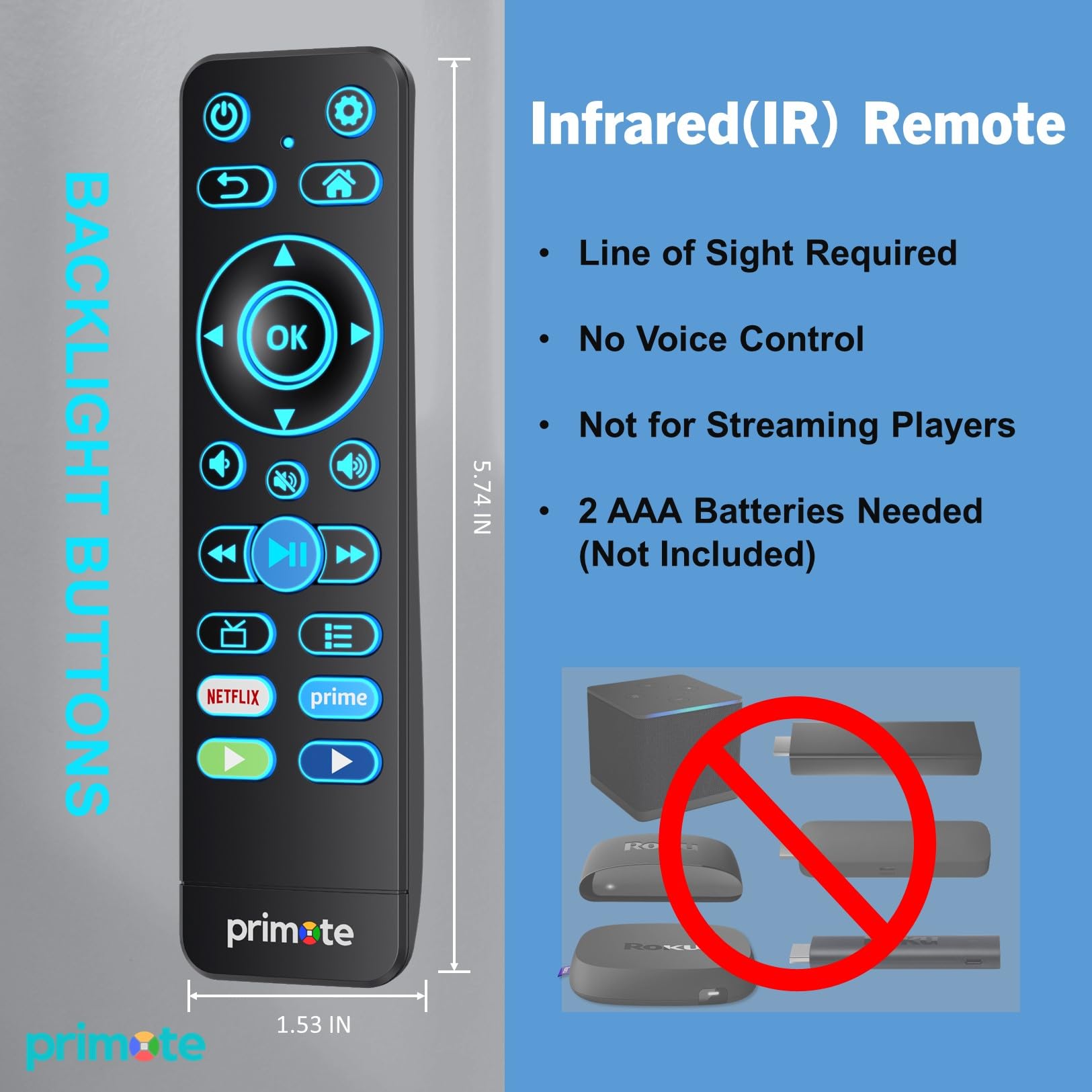 Mando a distancia universal de TV para todos los televisores inteligentes 4K/HD integrados FlRE y ROKU, con retroiluminación y aprendizaje por infrarrojos