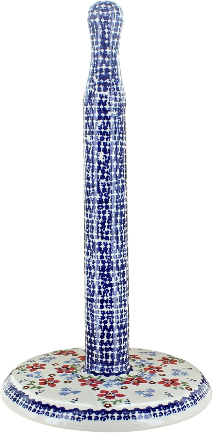 Blue Rose Polish Pottery - Blue Dots Paper Towel Holder - 14" Tall - Perfect Countertop Storage for Paper Towels