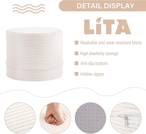 Miniatura 3 de LITA Puf redondo de relleno, pufs de terciopelo con relleno de espuma de alta densidad y funda lavable, puf peludo y esponjoso, taburetes otomanos