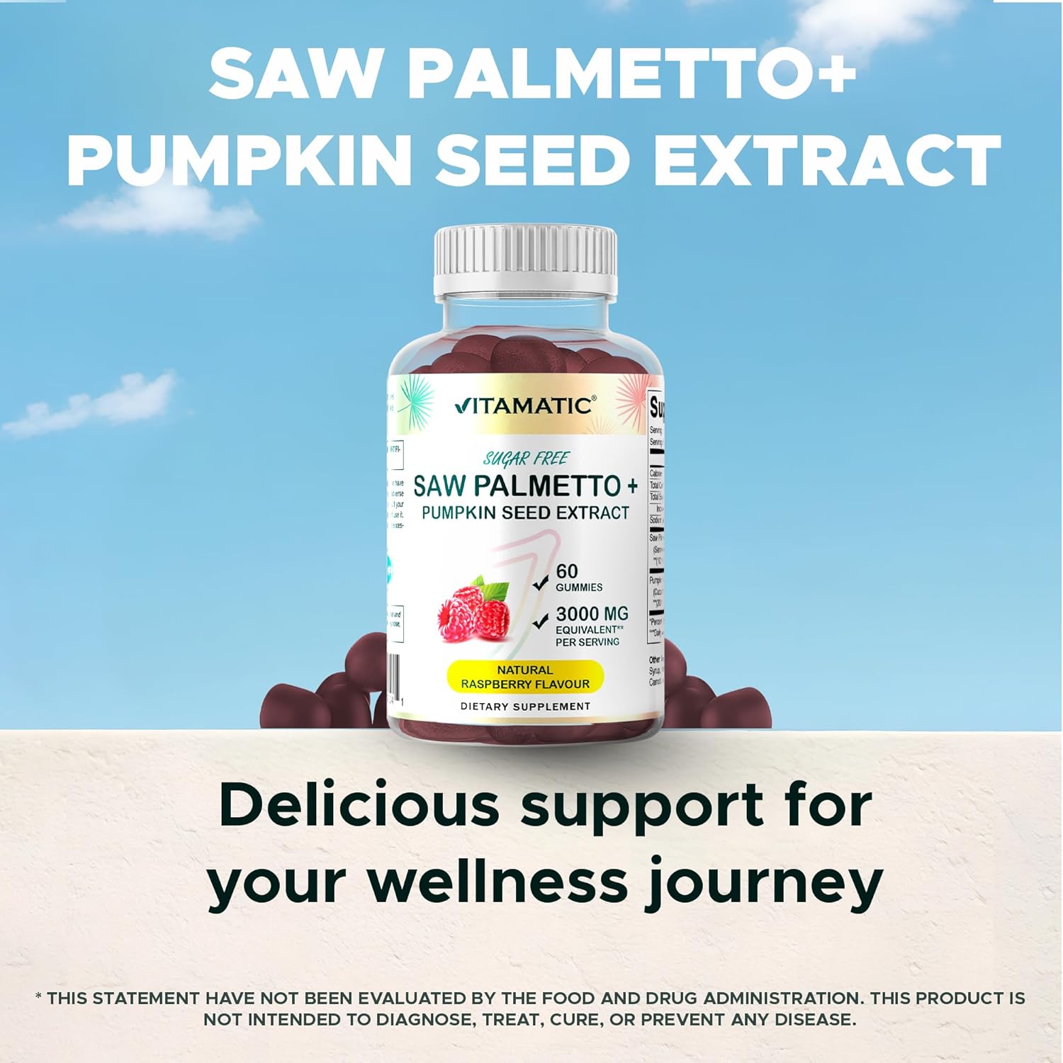 Vitamatic Sugar-Free Saw Palmetto with Pumpkin Seed – 3000 mg Equivalent per Serving – Natural Raspberry Flavor – 60 Gummies - Image 6