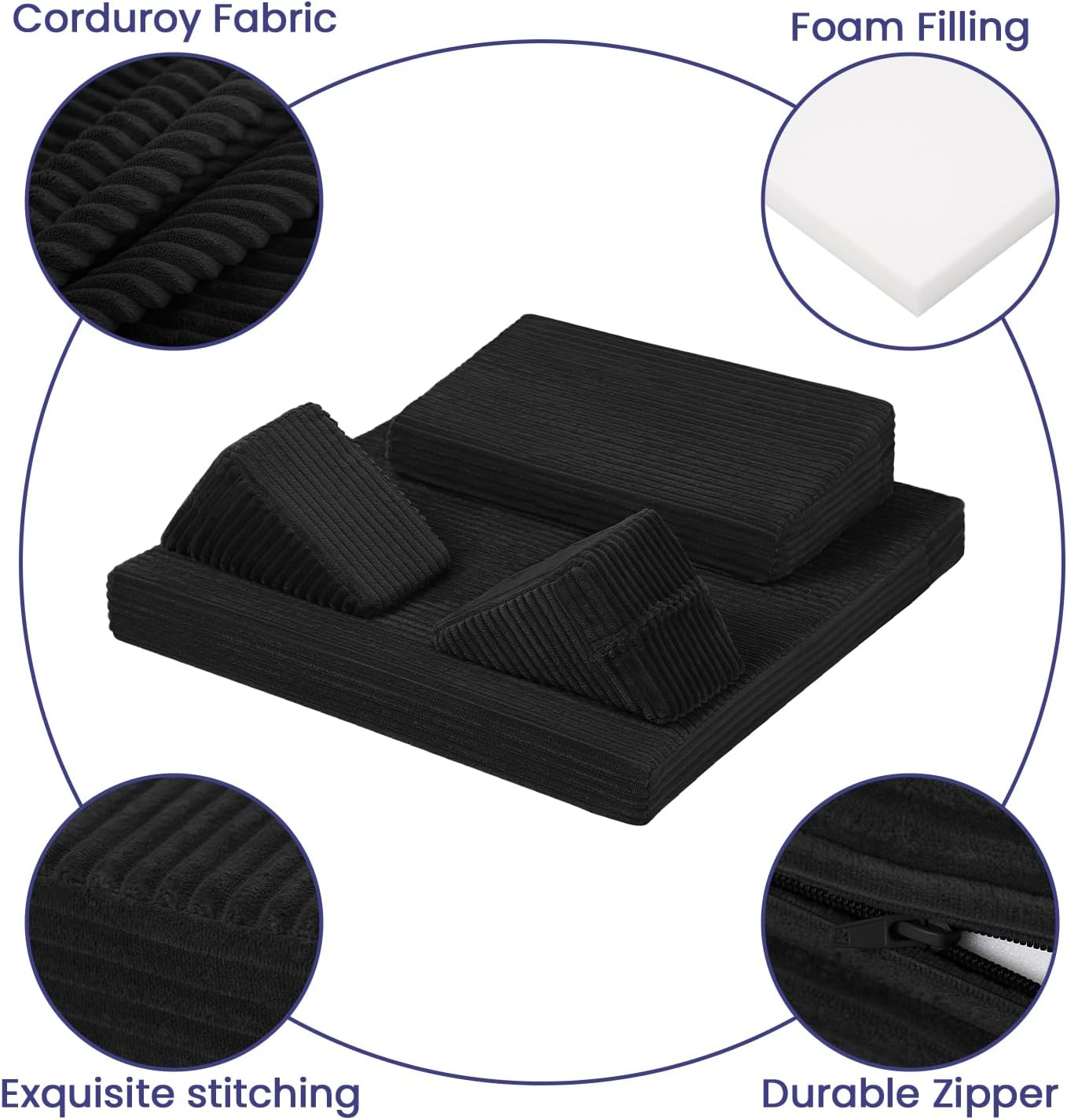 Meditation Cushion Set, Meditation Pillow for Sitting on Floor, Large Yoga Pillow with Knee Support, Washable Zafu Meditation Mat, 3 Shapes Floor Pillow for Adults, Black