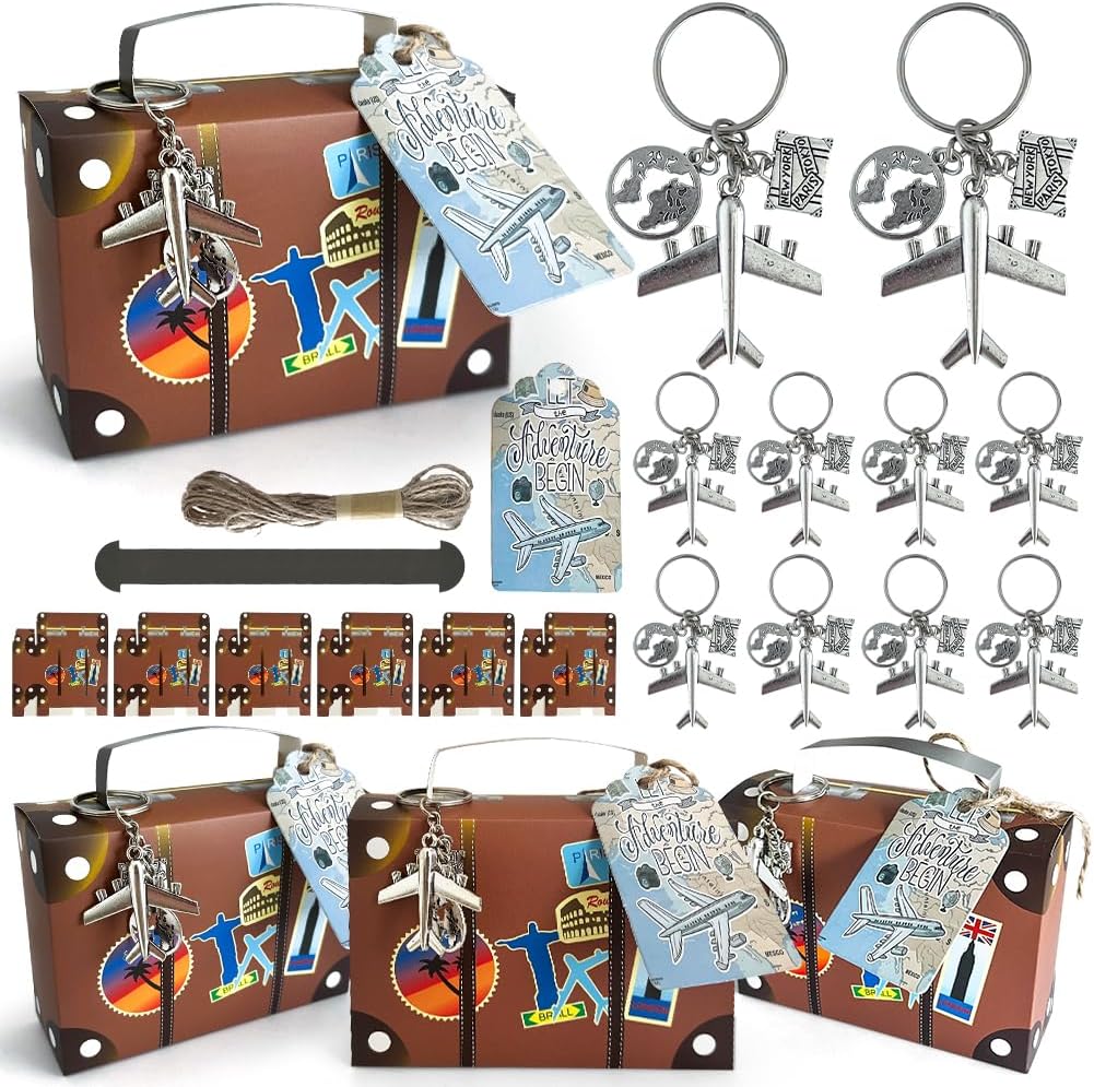 Aizhuang 50 Pcs Vintage Suitcase Party Favor Box, Vintage Suitcase Candy Boxes with Airplane Keychains Party Favors, Kraft Tags and Burlap Twine for Travel Themed Party, Bridal Shower, Wedding Decorations