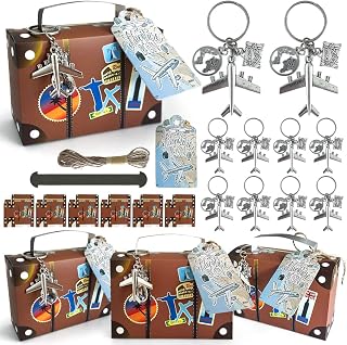 Aizhuang 50 Pcs Suitcase Favor Box Vintage Suitcase Party Favor Candy Boxes with Airplane Keychains, Kraft Tags and Burlap Twine for Travel Themed Party, Bridal Shower, Wedding Decorations