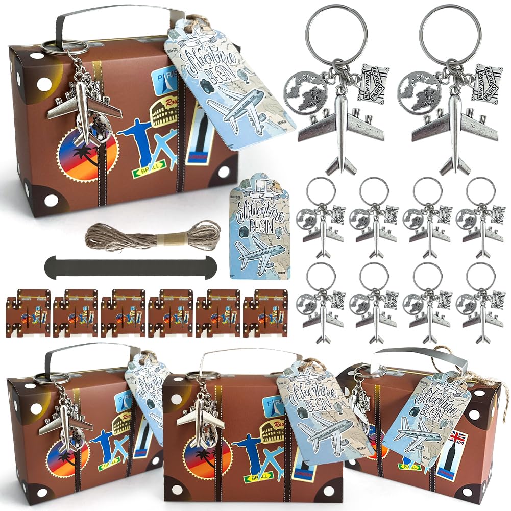 Kit 50 Bomboniere Valigia Mappa Del Mondo Con Portachiavi Aereo E Biglietti Viaggio, Per Feste A Tema Avventura
