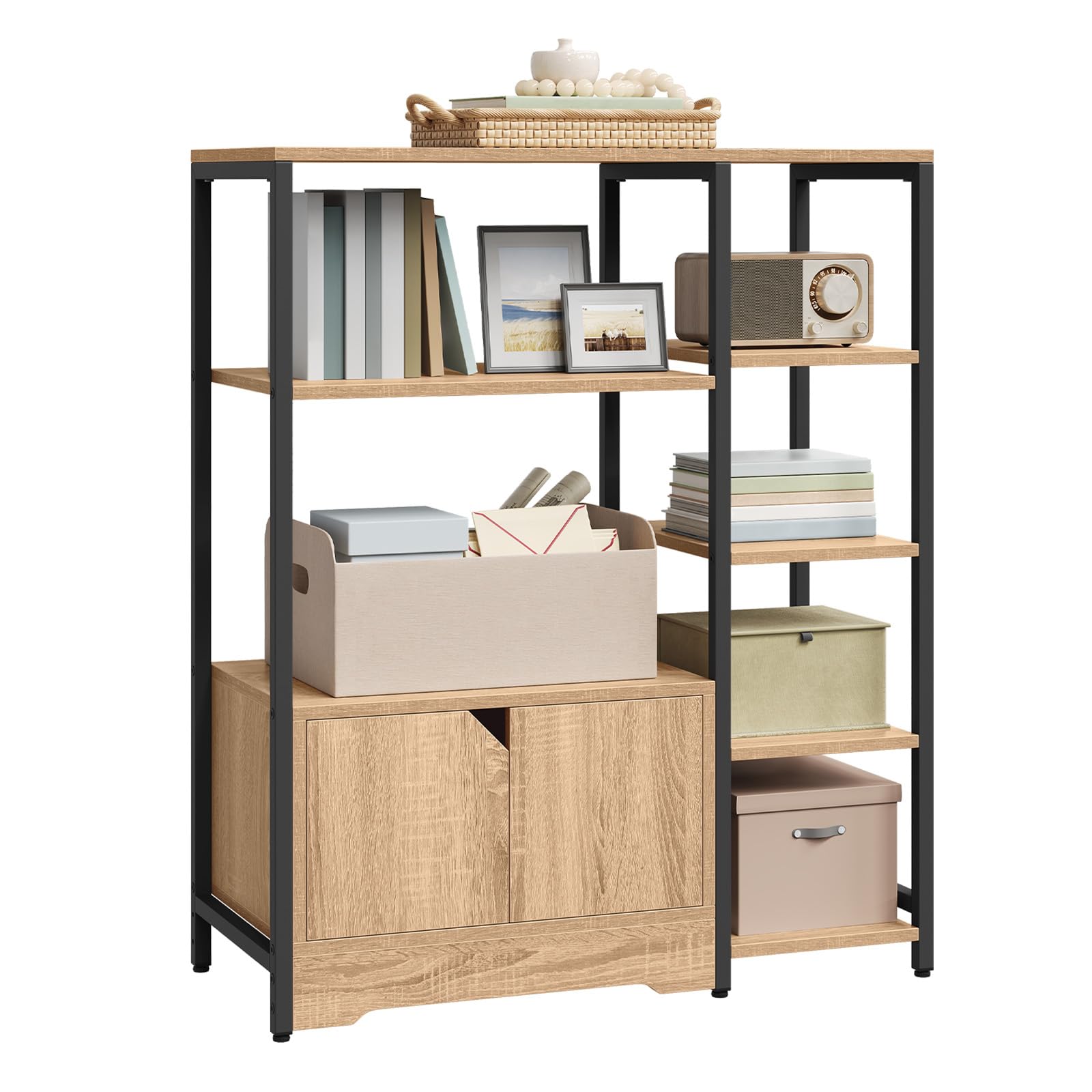 WOLTU Bücherregal, Standregal, Bücherschrank mit Türen, für Wohnzimmer Schlafzimmer Küche, Industrial, Metallrahmen, 80x97x35 cm, schwarz+helle Eiche, RGB08hei