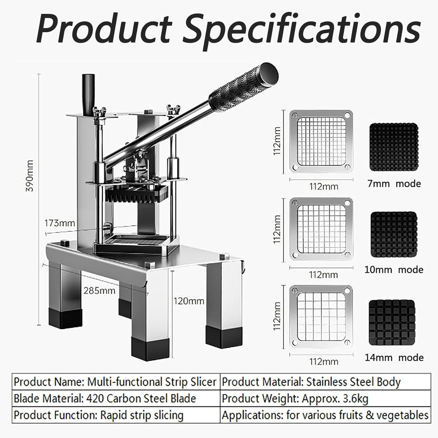 Cortador de verduras, máquina de corte multifuncional de acero inoxidable con 420 cuchillas de acero al carbono, ideal para picar patatas, zanahorias, pepinos, tamaños de 7/10/14 mm