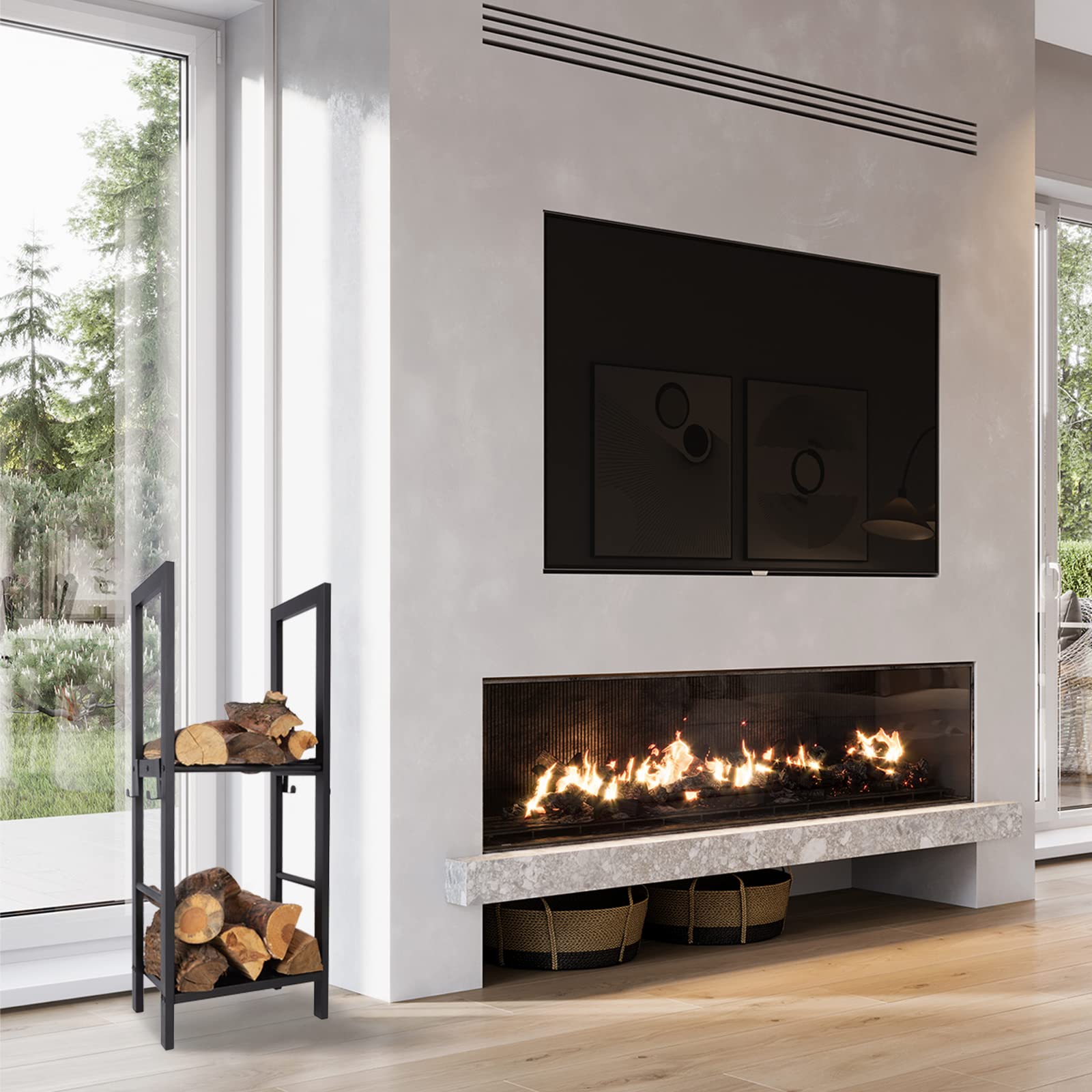 Floordirekt Estantería para leña de chimenea para interior y exterior, estantería de metal para almacenamiento de madera de Corfú, 40 x 30 x 100 cm