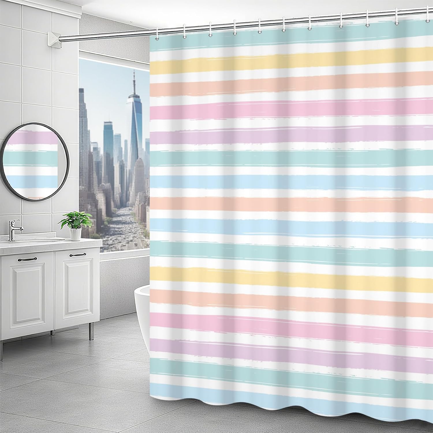 AOFOTO Pastel Rainbow Stripe Shower Curtains Colorful Striped Line Shower Curtain Accessories Set with Hooks for Bathroom Modern Fashion Stylish Decorative Bathroom Curtains Waterproof 60x72 Inch image 5